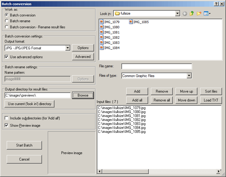The batch conversion settings window