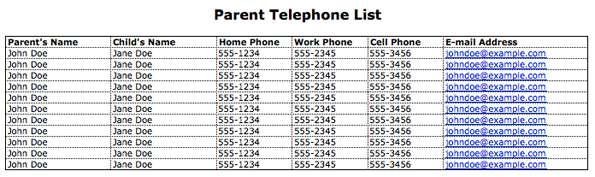 Screenshot of the parent telephone list template