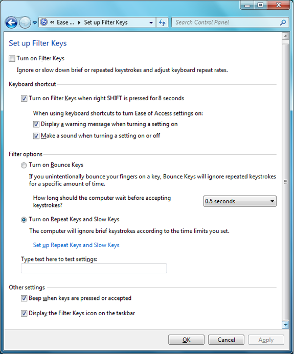 set up filter keys