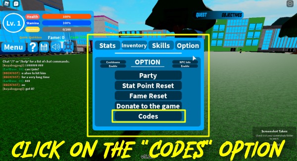 click on the Codes Option