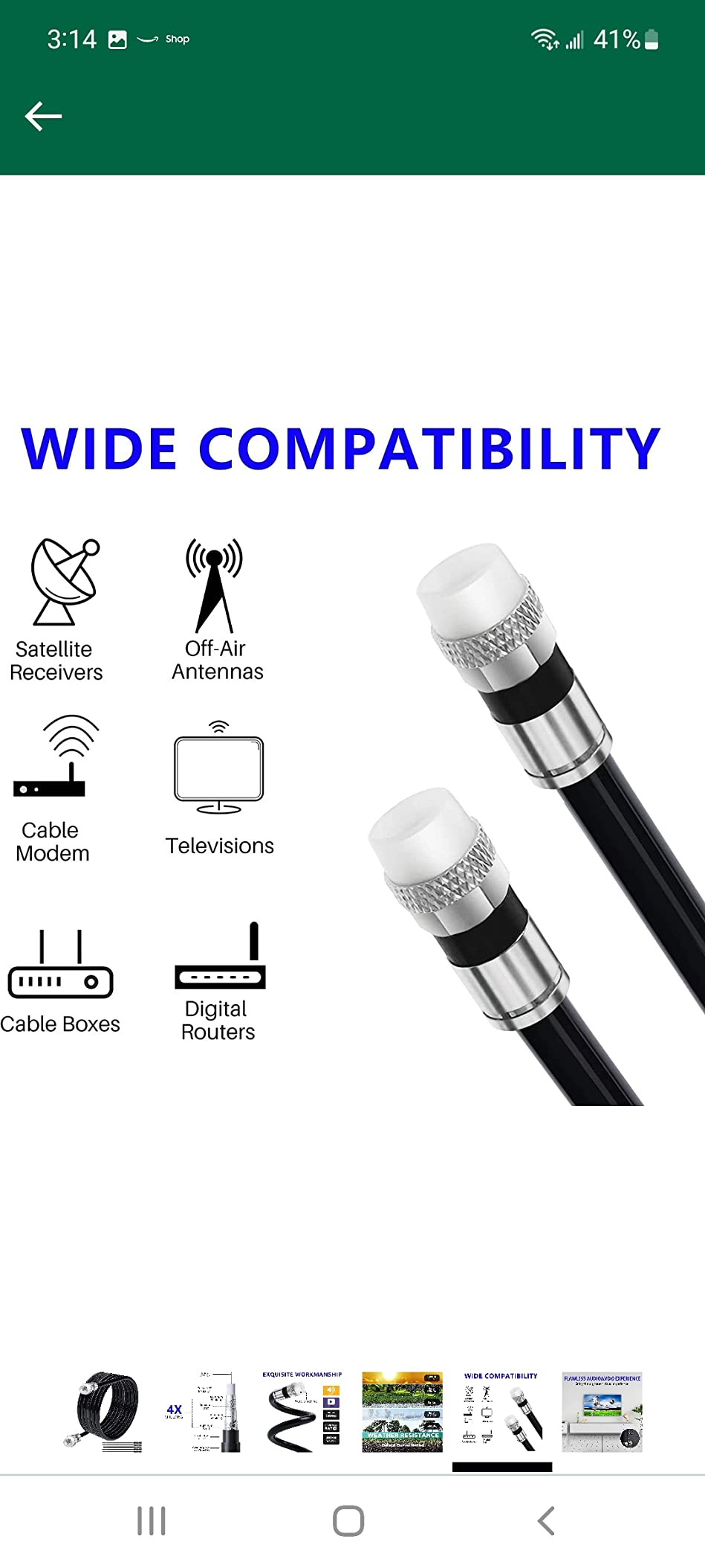 Elecan RG6 Coaxial Cable 250 Feet Indoor/Outdoor Direct Burial Coax Cable,Quad Shielded Waterproof in-Wall with Rubber Boot,Digital TV Aerial Broadband Internet Satellite Cable +25 Ties - Customer Photo 1