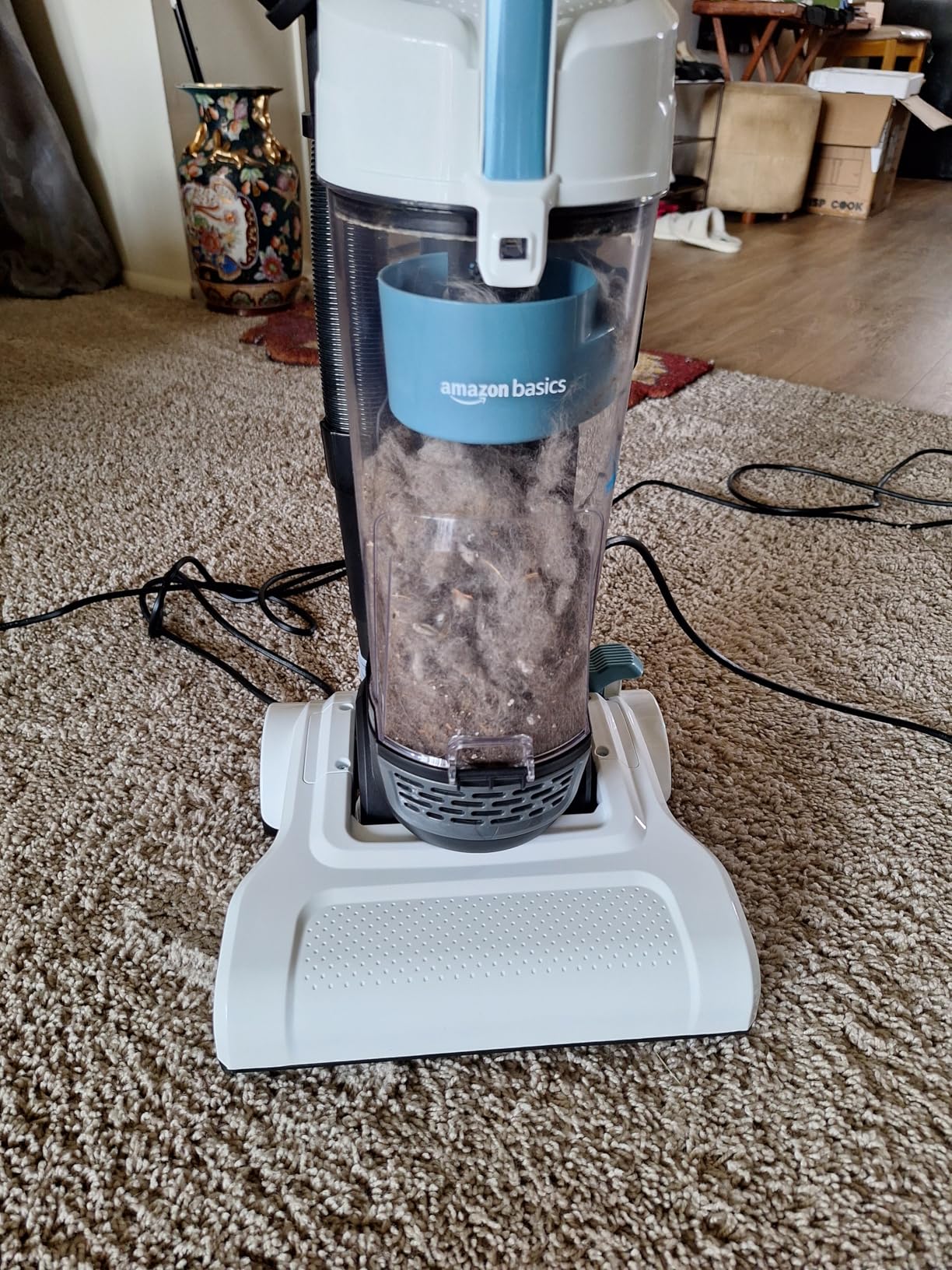 Amazon Basics Upright Bagless Vacuum Cleaner for Carpet and Hard Floors, With Crevice and Upholstery Tools, Detachable Handle, Lightweight (8.4 lbs), 1.7L Dust Cup, 720W, 25ft Cord, Black/White - Customer Photo 3