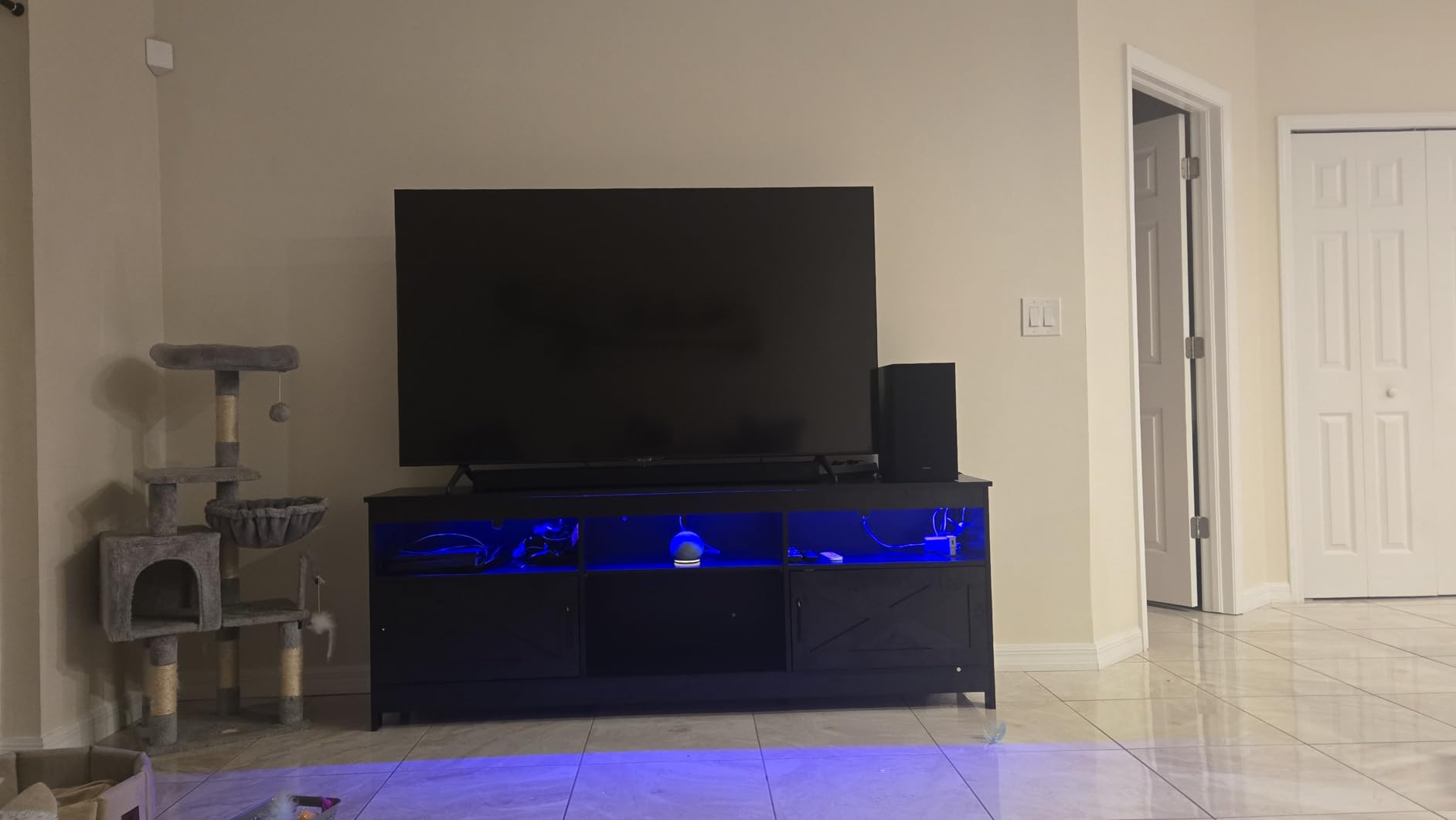 YITAHOME TV Stand for 80/75/70 Inch TVs with LED Lights, Farmhouse Entertainment Center with Storage Cabinets, Open Shelves & Adjustable Shelf for Living Room, Black - Customer Photo 2