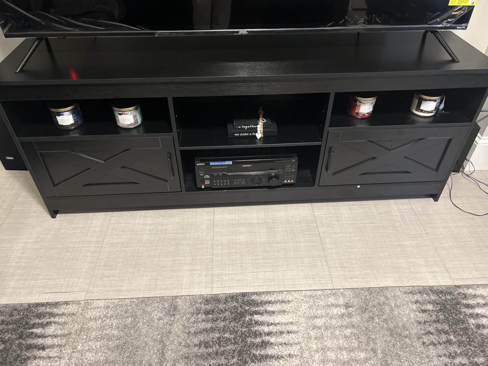 YITAHOME TV Stand for 80/75/70 Inch TVs with LED Lights, Farmhouse Entertainment Center with Storage Cabinets, Open Shelves & Adjustable Shelf for Living Room, Black - Customer Photo 3