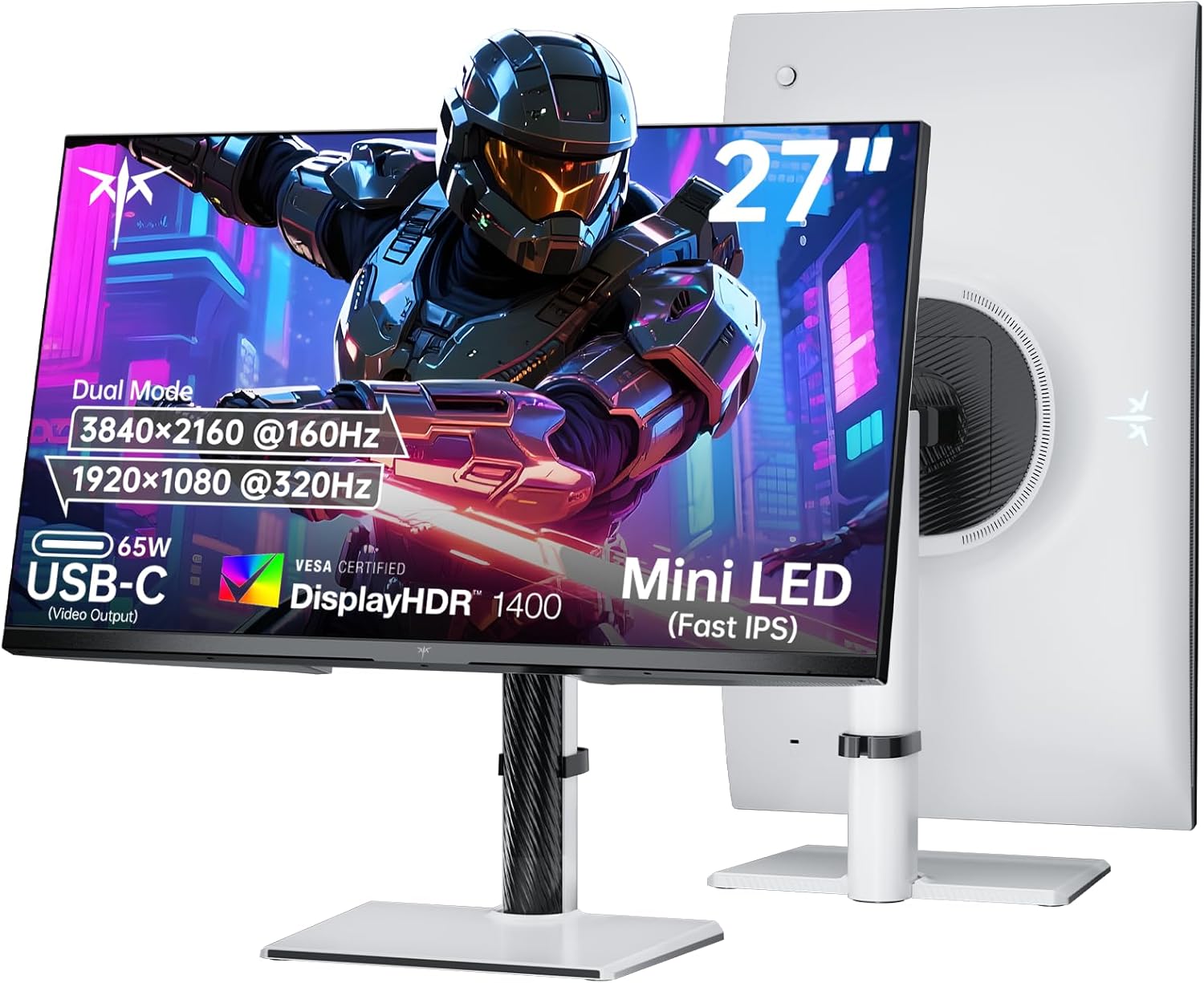 KTC 27 Inch Dual Mode Mini LED Monitor - 4K UHD at 160Hz & 1080P FHD 320Hz Gaming Monitor, 65W Type-C Port, HDR1400 Fast IPS Panel, Adaptive-Sync, HDMI 2.1 & DP 1.4, Height Adjustment, VESA Wall Mount - KTC