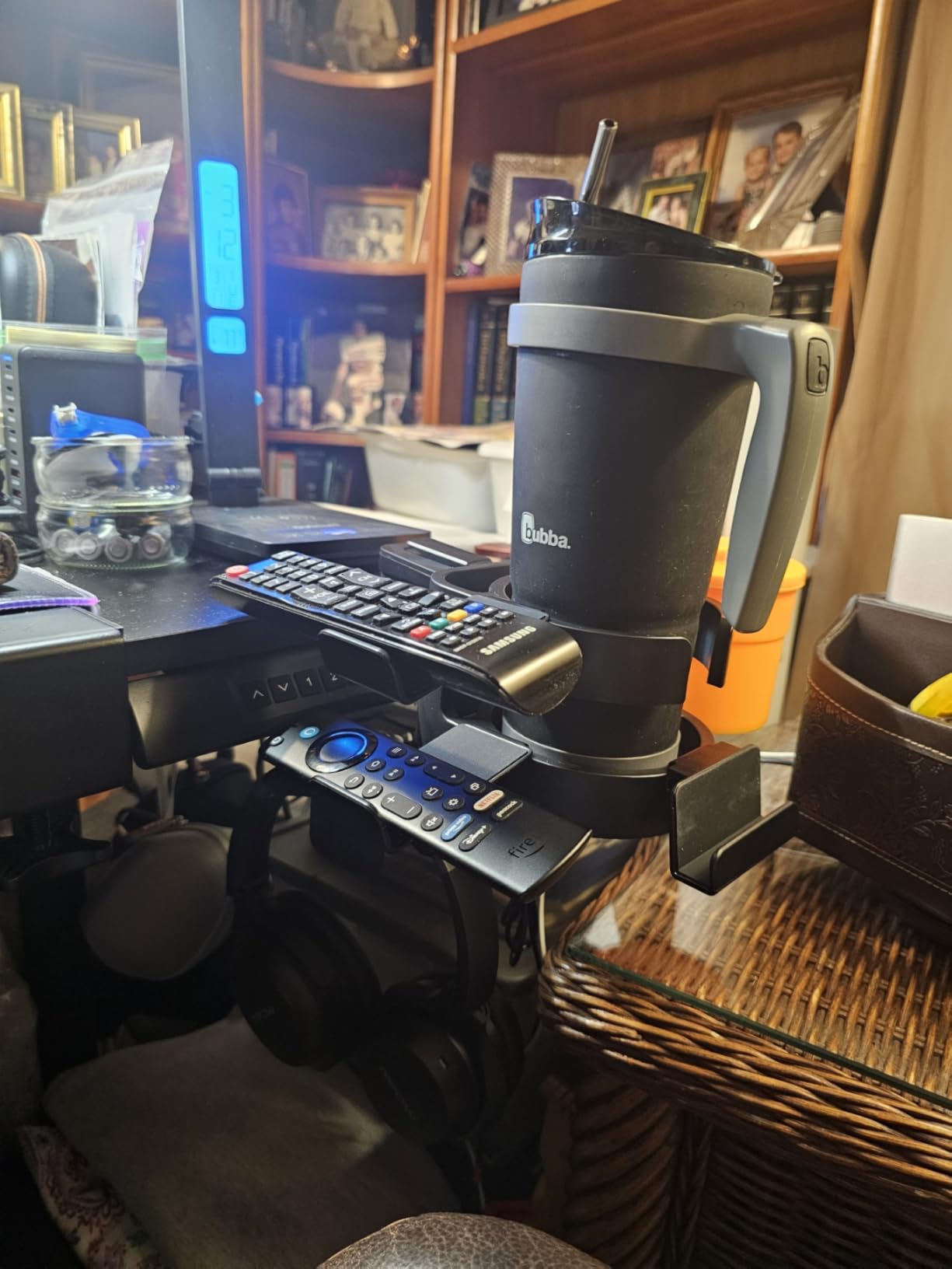 Original Large Desk Cup Holder Clamp – Cup-Holster, The Anti-Spill Cup Holder Mount for Your Table, Office & Gaming Setup – Multi-Directional Drink Holder & Headphone Hanger - Customer Photo 1