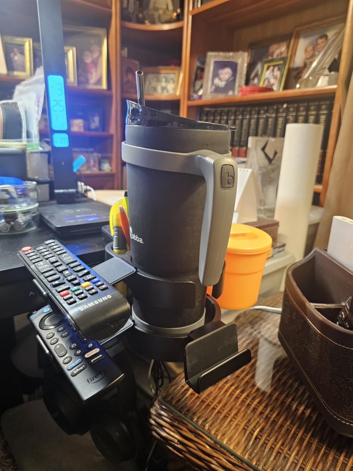 Original Large Desk Cup Holder Clamp – Cup-Holster, The Anti-Spill Cup Holder Mount for Your Table, Office & Gaming Setup – Multi-Directional Drink Holder & Headphone Hanger - Customer Photo 2