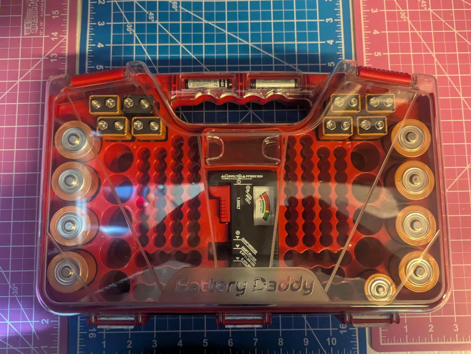 Ontel Battery Daddy Storage & Organizer Case with Tester, Stores & Protects Up to 180 Batteries, Double-Sided, Durable Design with Clear Locking Lid, Secure Latches & Portable Carrying Handle - Red - Customer Photo 3