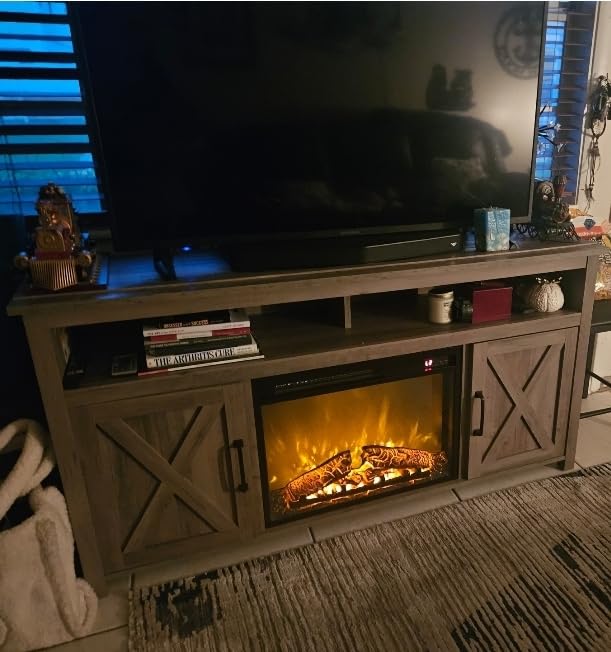BELLEZE Barn Door Wood Electric Fireplace TV Stand for TVs up to 65 Inches Open Shelves and Cabinets Media Entertainment Center Console Table - Corin (Dark Walnut) Customer Review BELLEZE Barn Door Wood Electric Fireplace TV Stand for TVs up to 65 Inches Open Shelves and Cabinets Media Entertainment Center Console Table - Corin (Dark Walnut) - Customer Photo 1