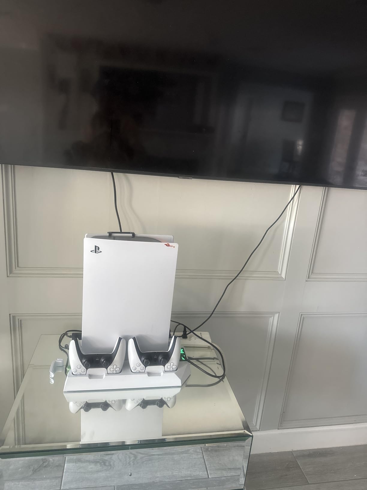 PS5/PS5 Slim/PS5 Pro Stand and Cooling Station with Dual Controller Charging Station for PlayStation 5 Console, PS5 Accessories Incl. Controller Charger, Cooling Fan, Headset Holder, 3 USB Hub, White - Customer Photo 1