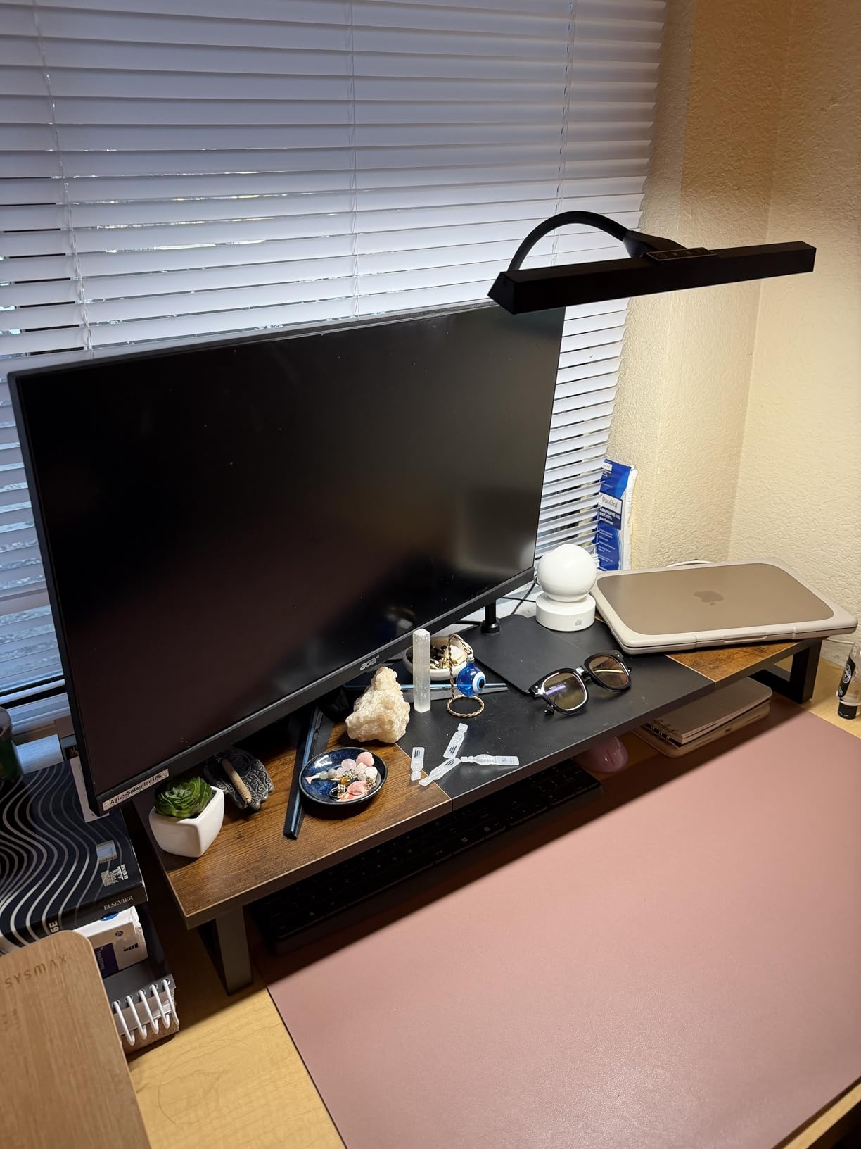 WESTREE Dual Monitor Stand Riser, Wood and Steel Multi-Purpose Desktop Storage Stand for 2 Monitors for Computer, Laptop, Printer, TV, Rustic Brown - Customer Photo 1