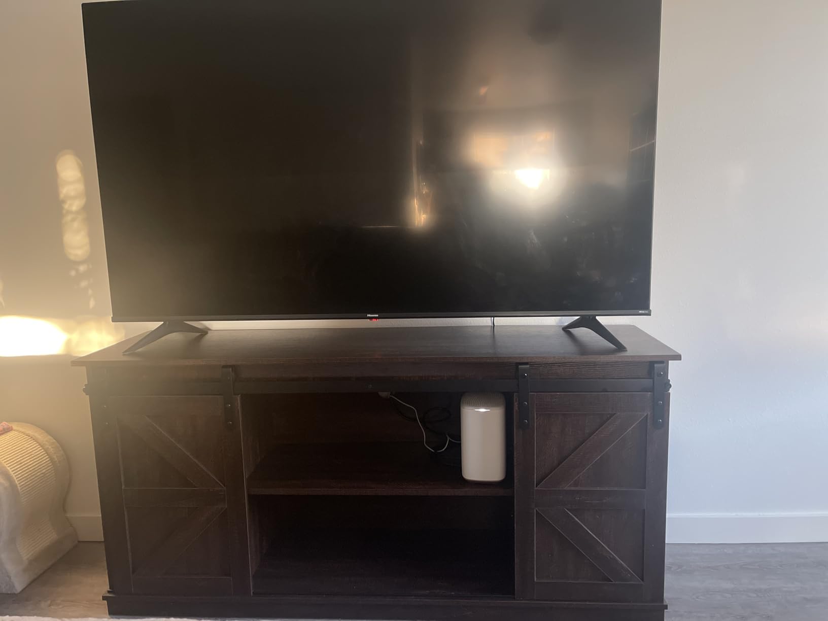 JUMMICO TV Stand for 65 Inch TV, Entertainment Center with Storage Cabinets and Sliding Barn Doors, Mid Century Modern Media TV Console Table for Living Room Bedroom (Bright White) - Customer Photo 4