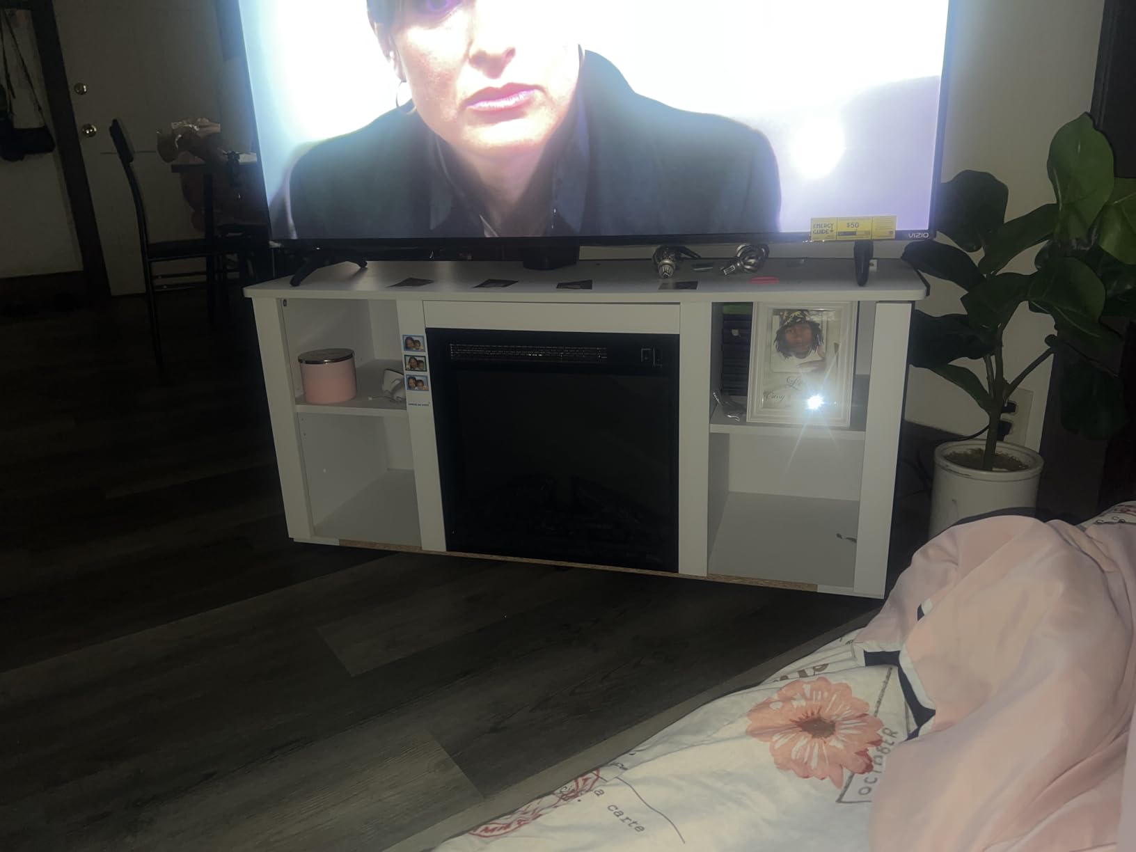 Furinno Jensen Entertainment Center Stand with Fireplace for TV up to 55 Inch, Corded Electric, White - Customer Photo 2