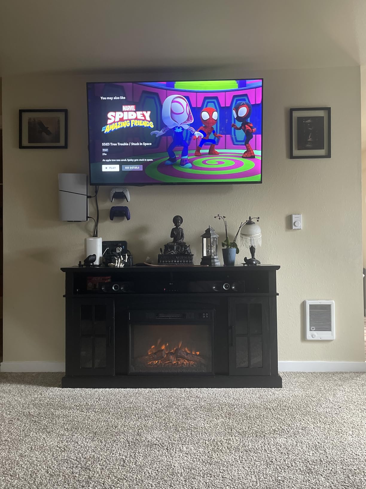 COSTWAY Electric Fireplace TV Stand for TVs Up to 65 Inches, 1400W Heater Insert with Remote Control, 6H Timer, 3-Level Flame, Overheat Protection and CSA Certification, Adjustable Shelves, Black - Customer Photo 2