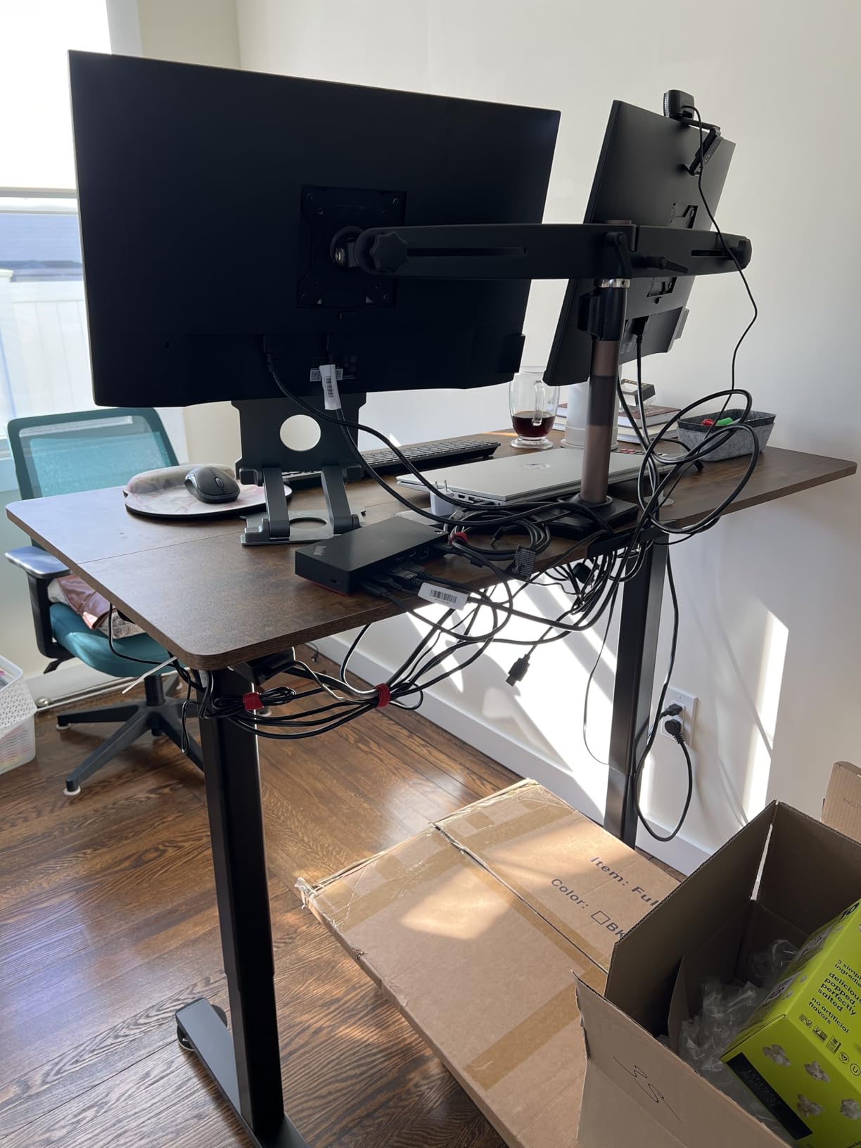 Claiks Electric Standing Desk, Adjustable Height Stand up Desk, 24x48 Inches Sit Stand Home Office Desk with Splice Board, Black Frame/Rustic Brown Top - Customer Photo 2