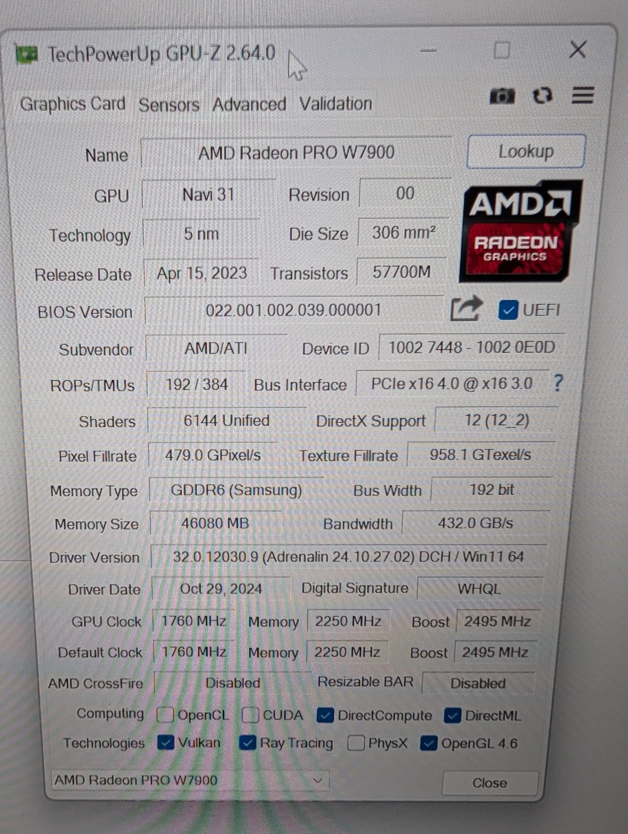 AMD Radeon Pro W7900 Professional Graphics Card Customer Review AMD Radeon Pro W7900 Professional Graphics Card - Customer Photo 1