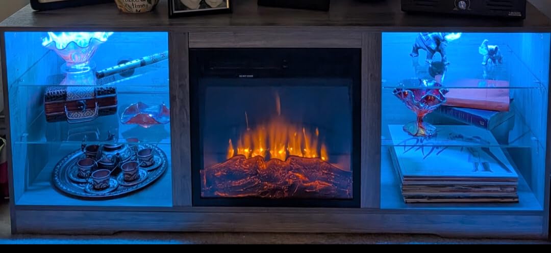 LEMBERI 58 Inches Fireplace TV Stand for TVs up to 65 Inches Console with 18'' Electric Fireplace & Remote, Wooden Modern Entertainment Center for Living Room with LED Light Glass Shelves (Grey) Customer Review LEMBERI 58 Inches Fireplace TV Stand for TVs up to 65 Inches Console with 18'' Electric Fireplace & Remote, Wooden Modern Entertainment Center for Living Room with LED Light Glass Shelves (Grey) - Customer Photo 2