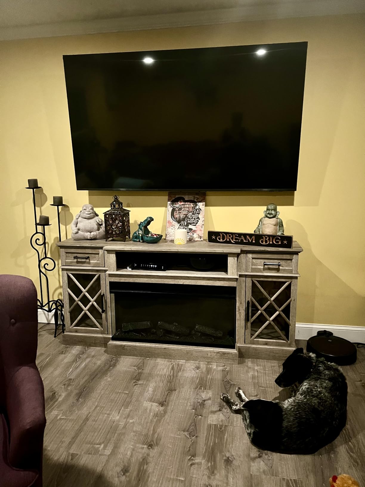 OKD 3-Sided Glass Farmhouse Electric Fireplace TV Stand for TVs up to 80'', Highboy Entertainment Center with Glass Door Storage Cabinet, 70'' Large TV Stands with 36'' Fireplace, Antique White - Customer Photo 1