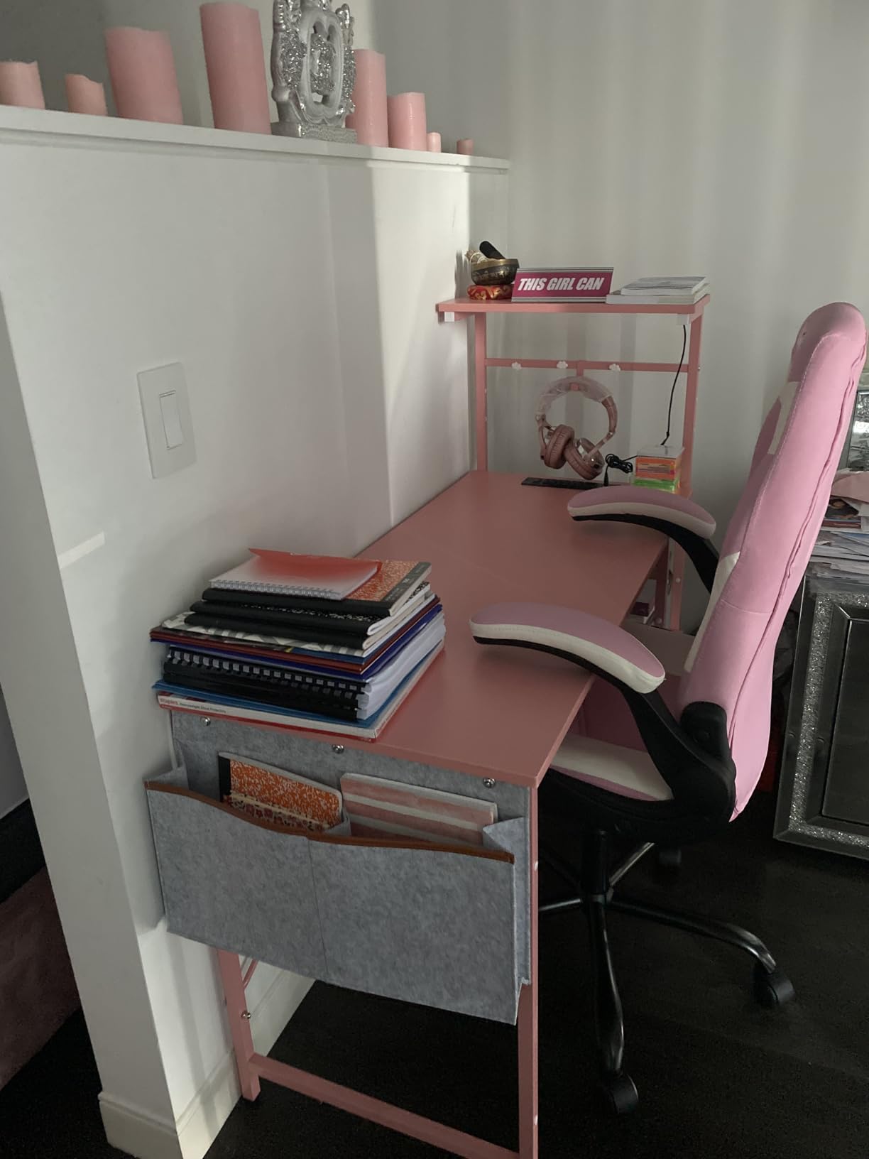 Bestier Gaming Desk with Power Outlets, 44 Inch Led Gamer Desk with 4 Tiers Reversible Shelves, PC Gaming Table with Headset Hook & Side Storage Bag for Bedroom (Black 3D Carbon Fiber) - Customer Photo 1