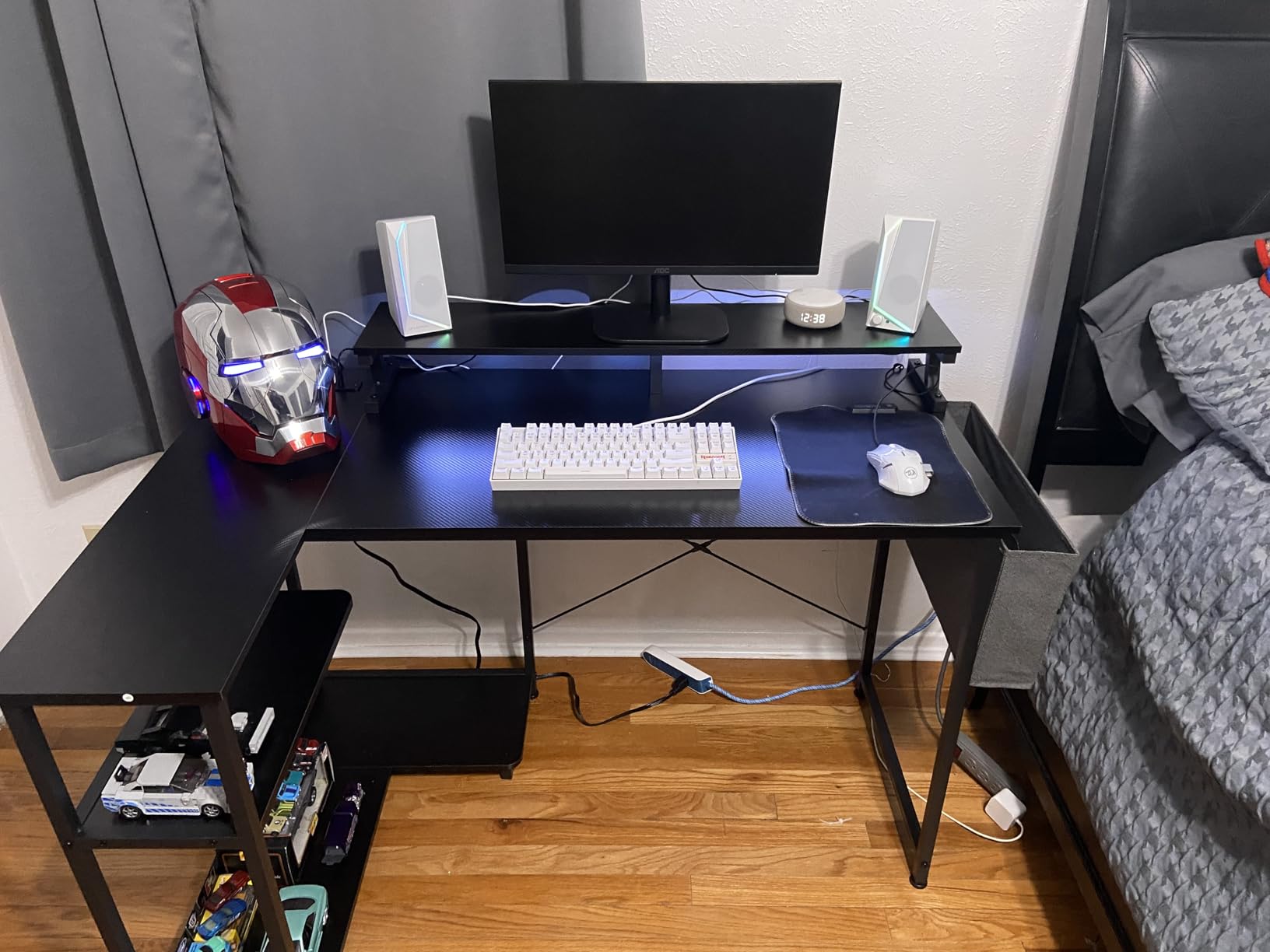 ODK 48 Inch Gaming Desk with USB Charging Ports and LED Lights, Reversible L Shaped Computer Desk with Storage Shelves & Monitor Stand, Corner Gamer Desk Table with Power Outlets, Black - Customer Photo 4