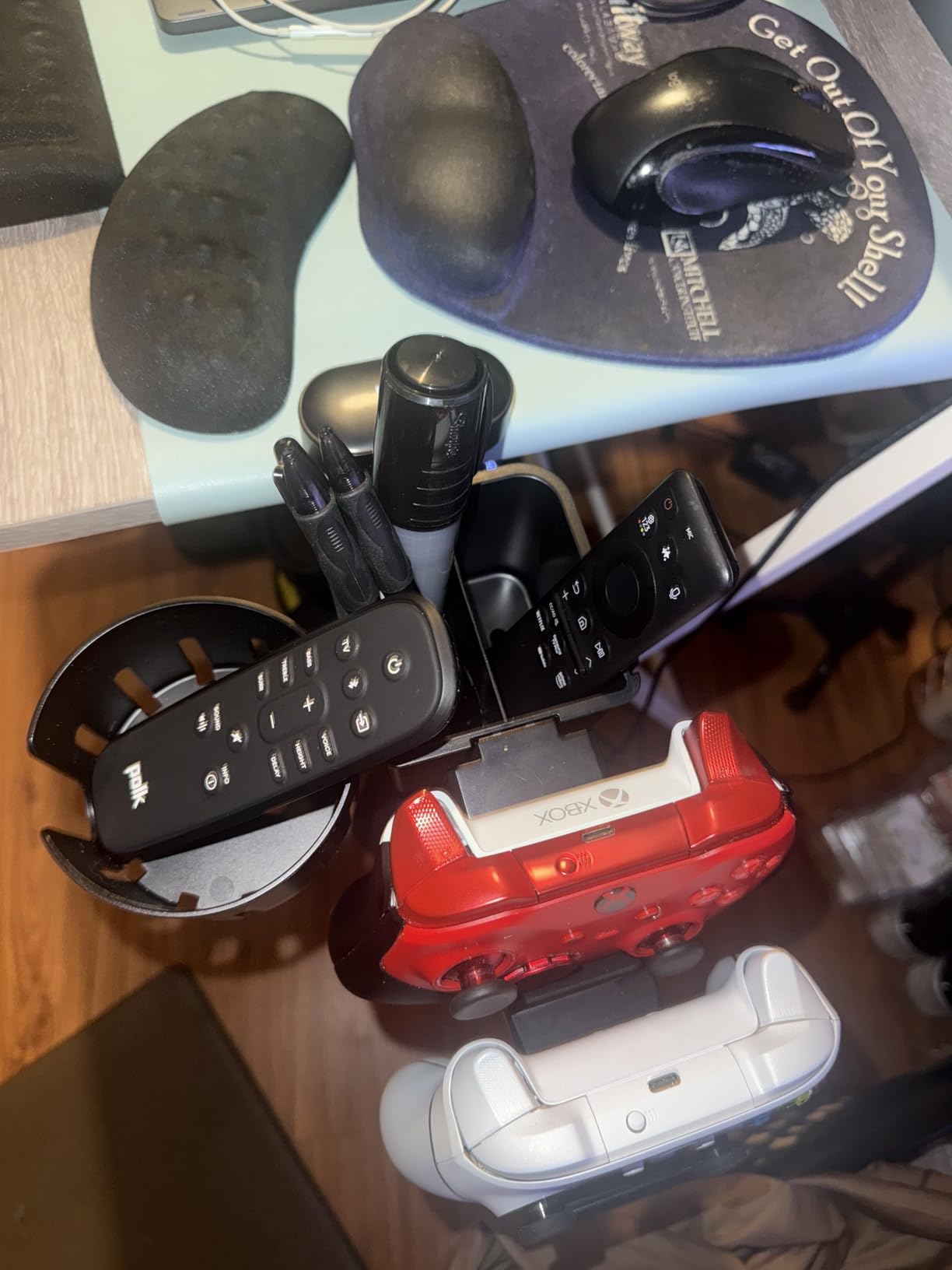 KDD 5 in 1 Desk Controller Holder - Rotating Headphone Hanger with Cup Holder - Clamp On Desk Organizer Holds Controller, Headphone, Cup, Mobile Phone and Pen(Black) - Customer Photo 1