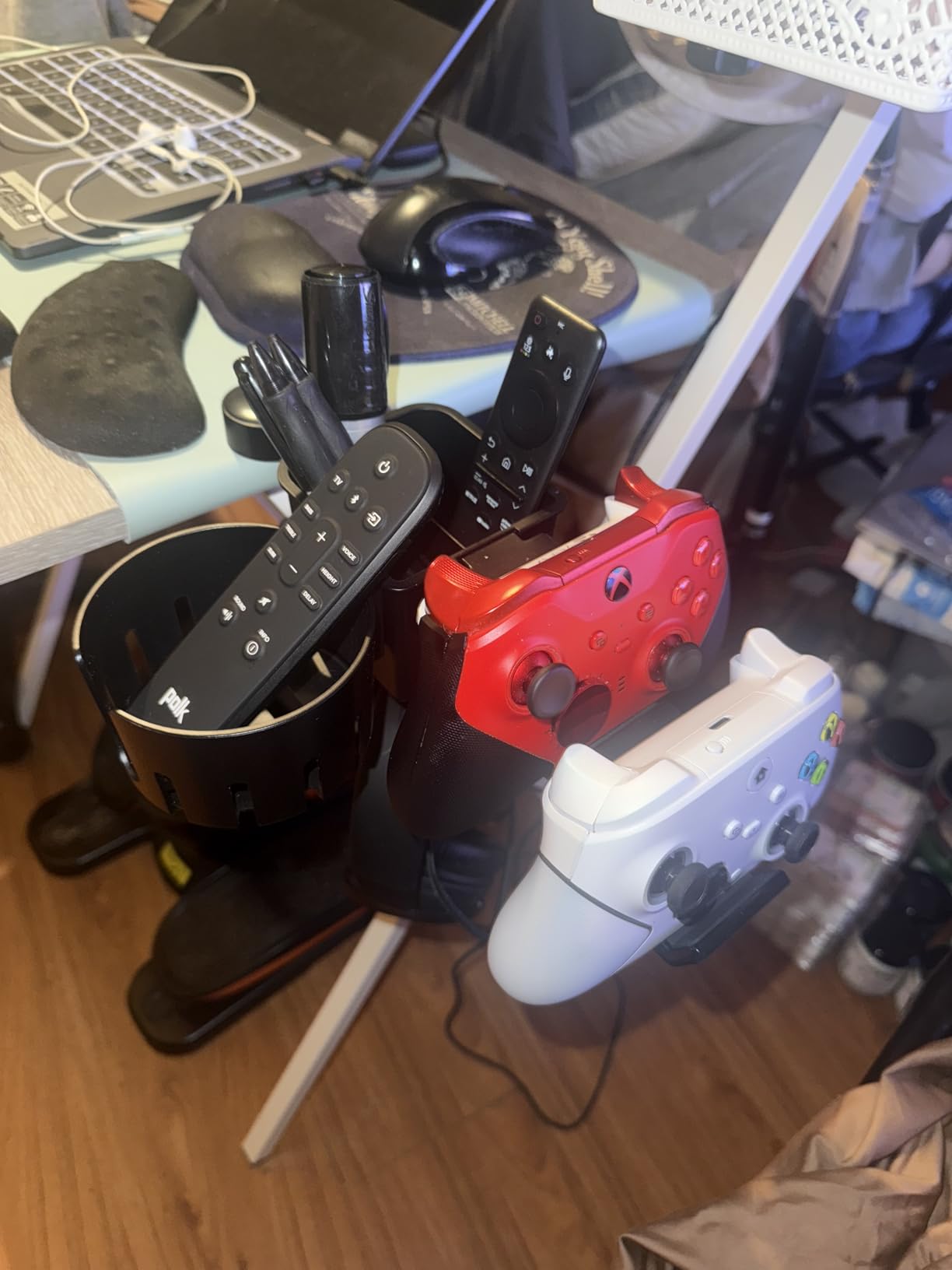 KDD 5 in 1 Desk Controller Holder - Rotating Headphone Hanger with Cup Holder - Clamp On Desk Organizer Holds Controller, Headphone, Cup, Mobile Phone and Pen(Black) - Customer Photo 2