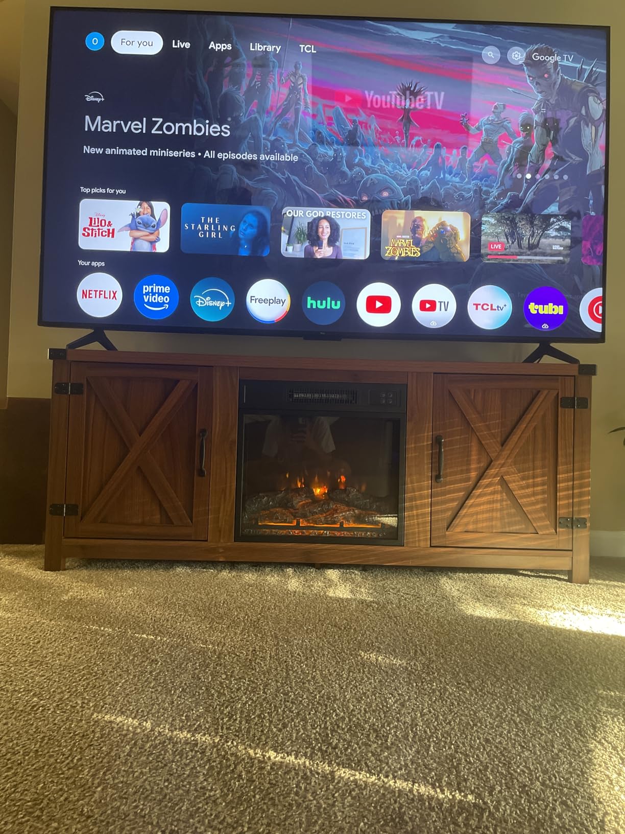 YESHOMY Fireplace TV Stand with Two Barn Doors and Storage Cabinets for Televisions up to 65+ Inch, Entertainment Center Console Table, Media Furniture for Living Room, 58 Inch, Gray Wash Customer Review YESHOMY Fireplace TV Stand with Two Barn Doors and Storage Cabinets for Televisions up to 65+ Inch, Entertainment Center Console Table, Media Furniture for Living Room, 58 Inch, Gray Wash - Customer Photo 1