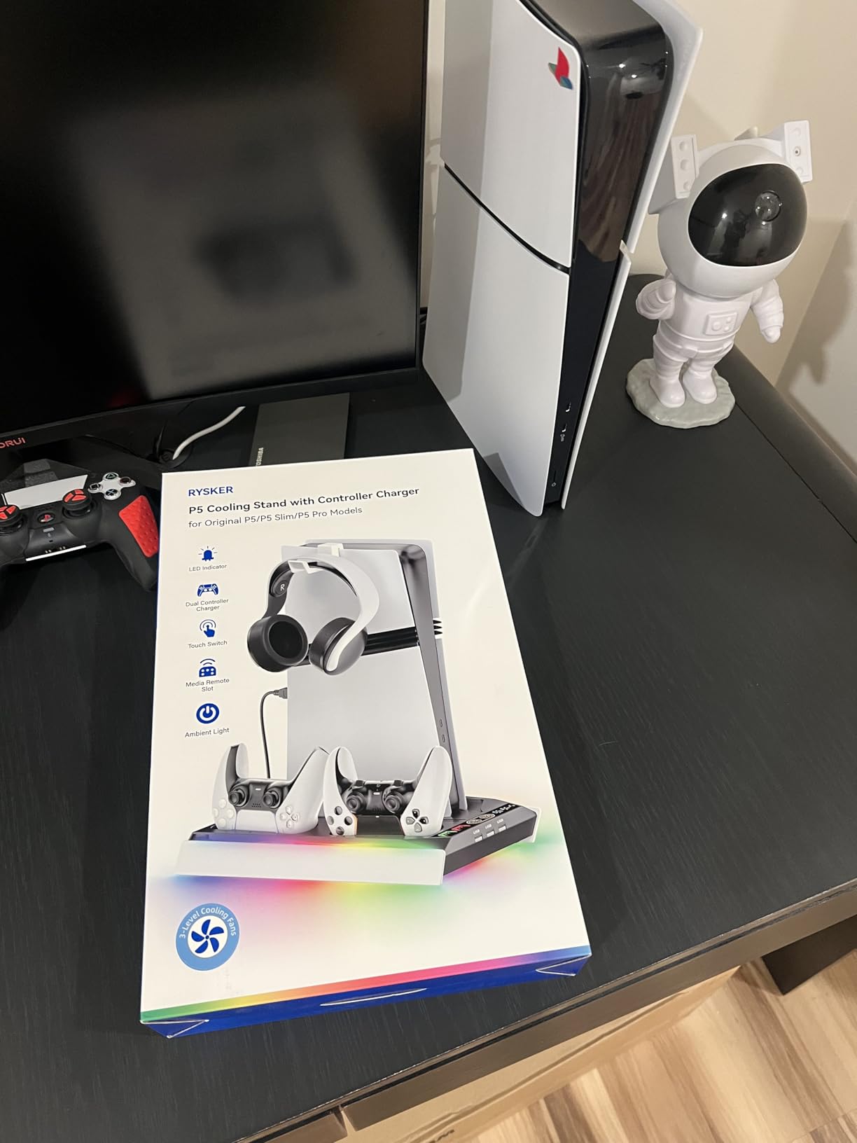 PS5/Slim/Pro Stand for Disc & Digital Console, PS5 Cooling & Charging Station with RGB Ambient Lighting, PS5 Controller Charger Built-in 3 Level Fan, PS5/Slim/Pro Accessories for PlayStation 5 Case - Customer Photo 2