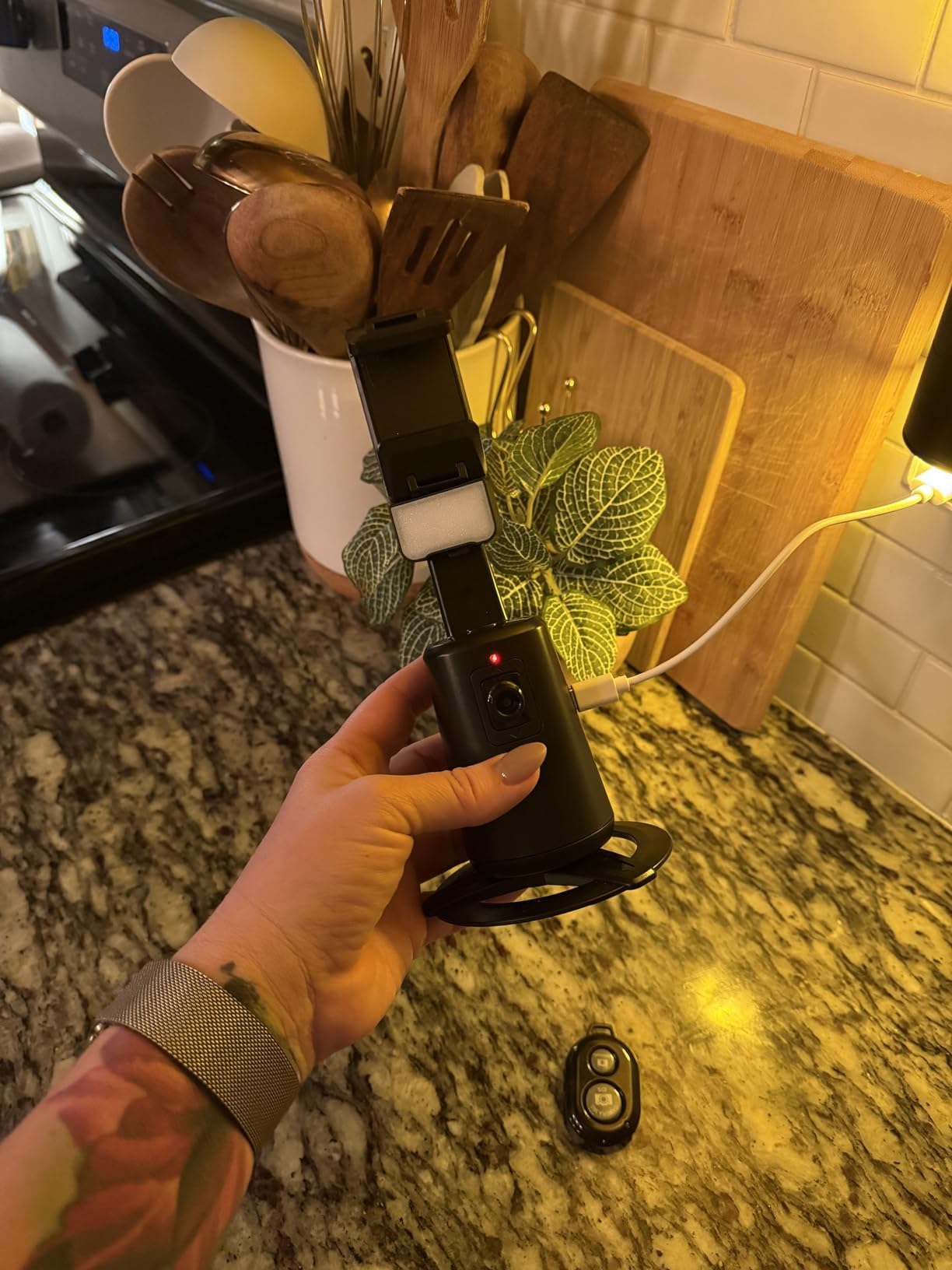 Auto Face Tracking Tripod 360° Rotating Cell Phone Photo and Video Kits Stand, No App, Camera Stand with Remote and Gesture Control, Rechargeable Smart Shooting Stand for Live Recording Tiktok(Black) Customer Review Auto Face Tracking Tripod 360° Rotating Cell Phone Photo and Video Kits Stand, No App, Camera Stand with Remote and Gesture Control, Rechargeable Smart Shooting Stand for Live Recording Tiktok(Black) - Customer Photo 2