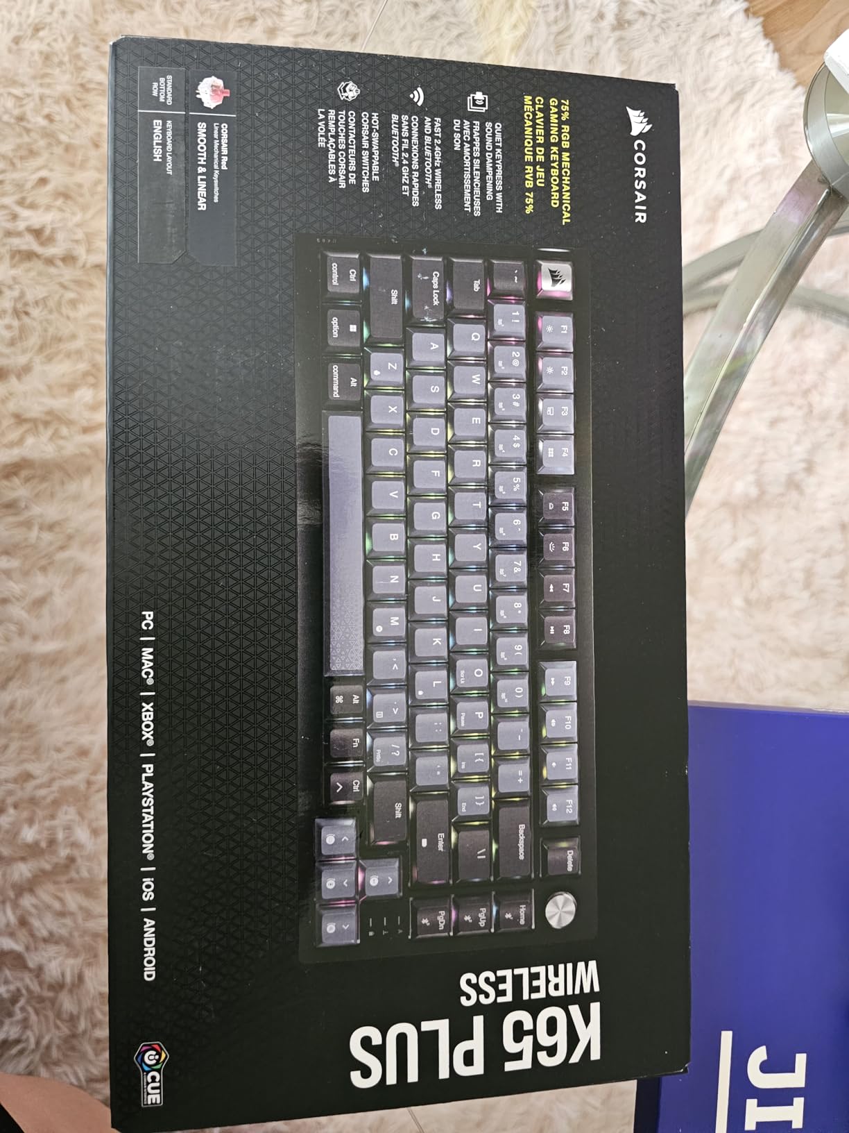 Corsair K65 Plus Wireless 75% RGB Mechanical Gaming Keyboard – Pre-Lubricated MLX Red Linear Switches – PBT Dye-Sub Keycaps – PC, Mac, PS5, PS4, Xbox, iPad – QWERTY NA – Black/Gray - Customer Photo 4