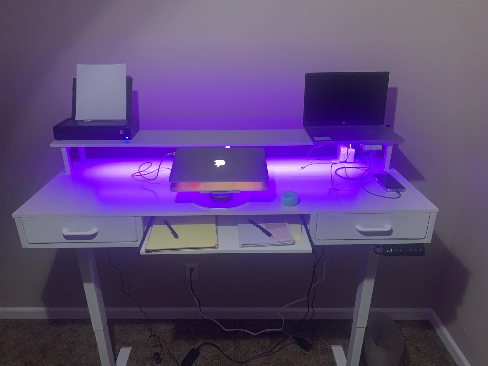AODK Electric Standing Desk with Drawers & Keyboard Tray, 55 Inch Height Adjustable Gaming Desk with Power Outlets & LED Lights, Sit Stand Table with Monitor Stand for Home, Office, Rustic Brown - Customer Photo 1