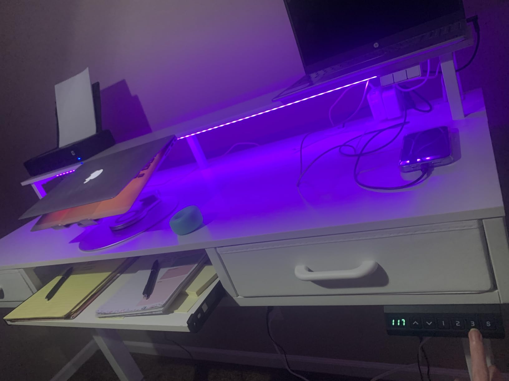 AODK Electric Standing Desk with Drawers & Keyboard Tray, 55 Inch Height Adjustable Gaming Desk with Power Outlets & LED Lights, Sit Stand Table with Monitor Stand for Home, Office, Rustic Brown - Customer Photo 2