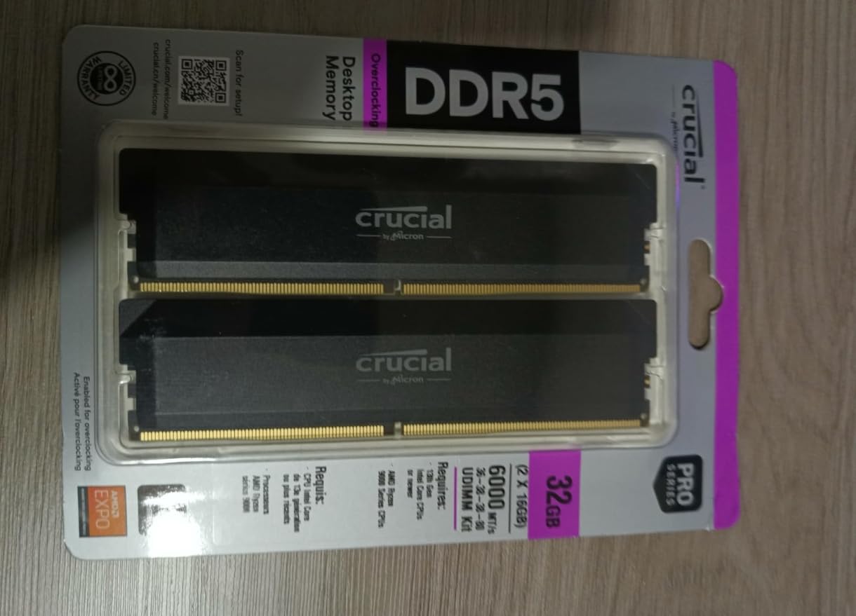 Crucial Pro 32GB DDR5 RAM Kit (2x16GB),CL36 6000MHz, Overclocking Desktop Gaming Memory, Intel XMP 3.0 & AMD Expo Compatible, Black - CP2K16G60C36U5B - Customer Photo 1