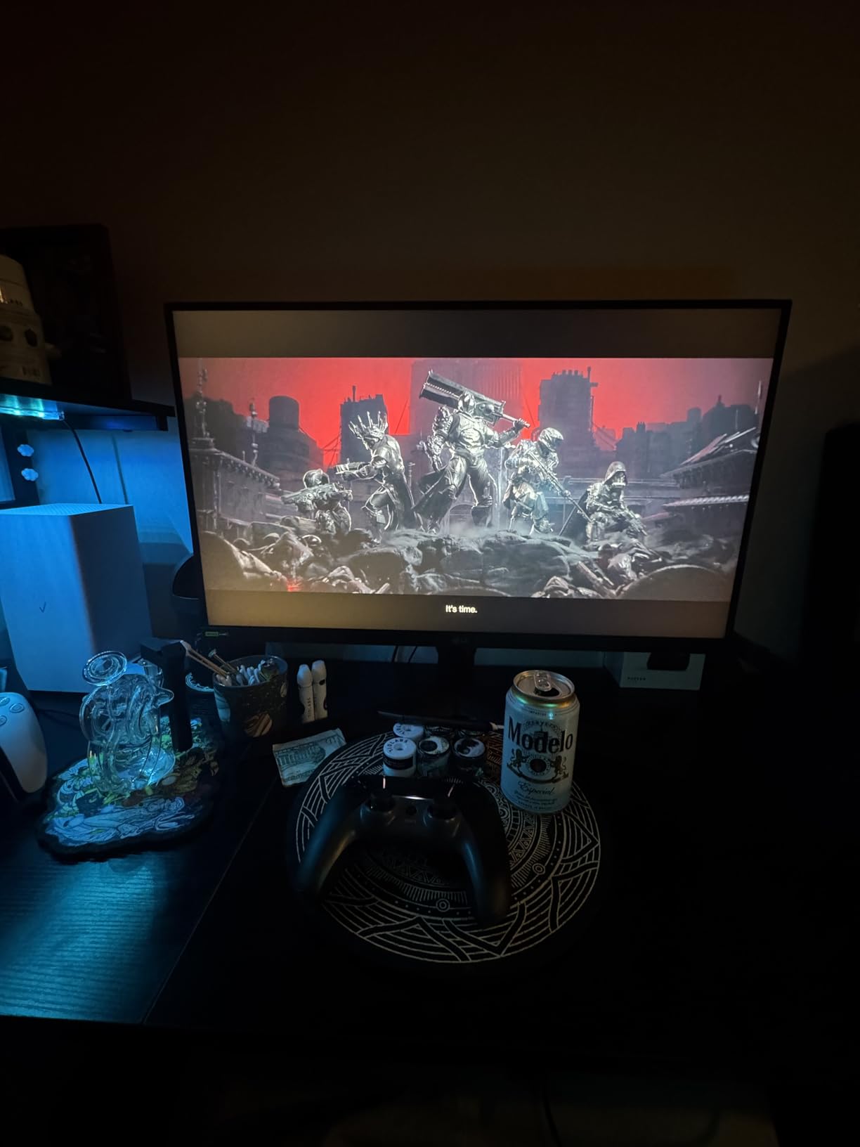 Bestier Gaming Desk with LED Lights, 51.3 Inch Computer Desk with 4 Tiers Reversible Shelves, Gamer Desk with Side Storage Bag, Hooks and Height Adjustable Shelf (Black Marble) - Customer Photo 4