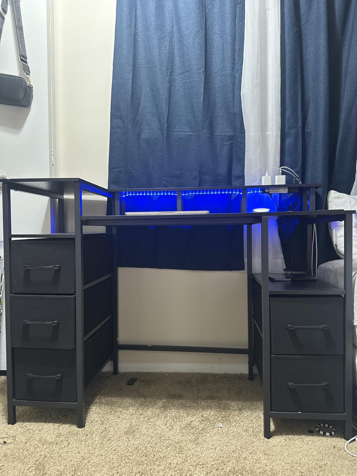 47 Inch Computer Desk with 5 Fabric Storage Drawers,Gaming Desk with Power Outlets & LED Lights,Reversible Home Office Desk with Monitor Stand for Working Writing Study, Black - Customer Photo 1