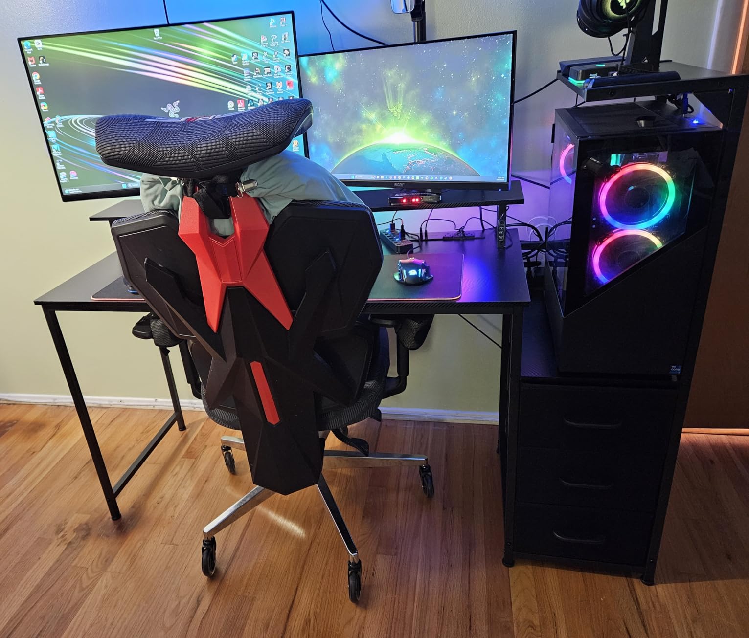 AODK 59 Inch Gaming Desk with USB Charging Ports & LED Light- Reversible Computer Desk with Storage Shelves & Monitor Stand, Modern Gamer Desk Table with Fabric Drawers & Side Hook, Carbon Fiber Black - Customer Photo 1