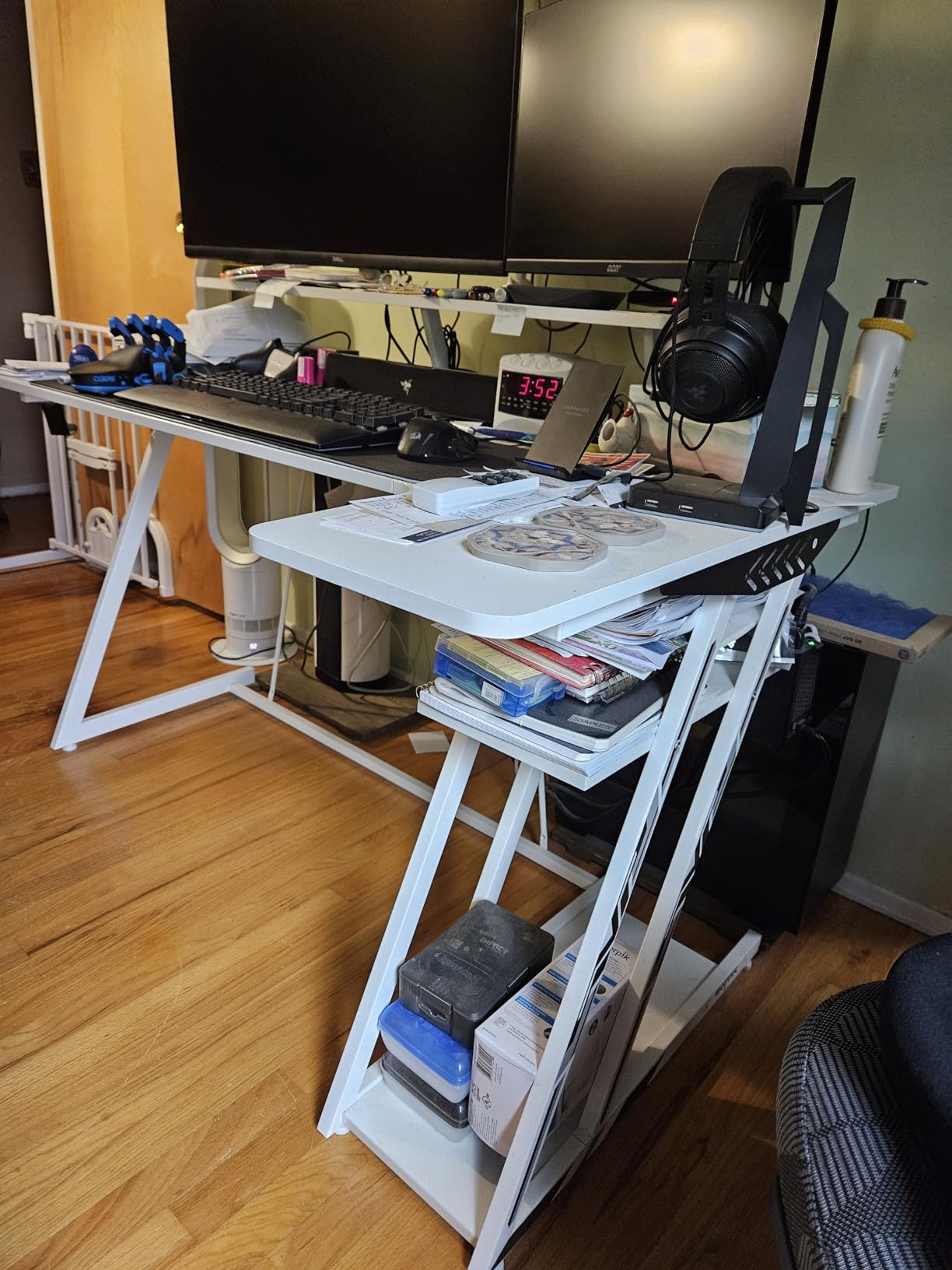 AODK 59 Inch Gaming Desk with USB Charging Ports & LED Light- Reversible Computer Desk with Storage Shelves & Monitor Stand, Modern Gamer Desk Table with Fabric Drawers & Side Hook, Carbon Fiber Black - Customer Photo 1