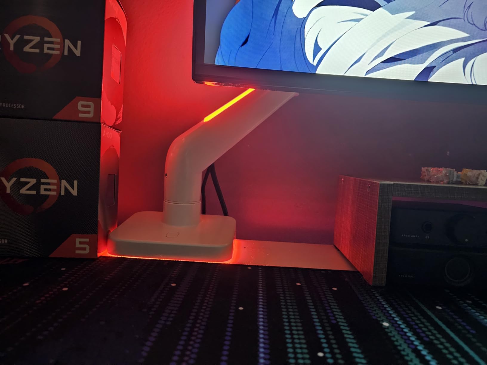 Ultrawide Monitor arm for 17-49'' Heavy Duty Screen up to 44lbs, Gas Spring Single Monitor Arm with RGB Light, Adjustable Gaming Computer Monitor Arm for Desk, Black Customer Review Ultrawide Monitor arm for 17-49'' Heavy Duty Screen up to 44lbs, Gas Spring Single Monitor Arm with RGB Light, Adjustable Gaming Computer Monitor Arm for Desk, Black - Customer Photo 2