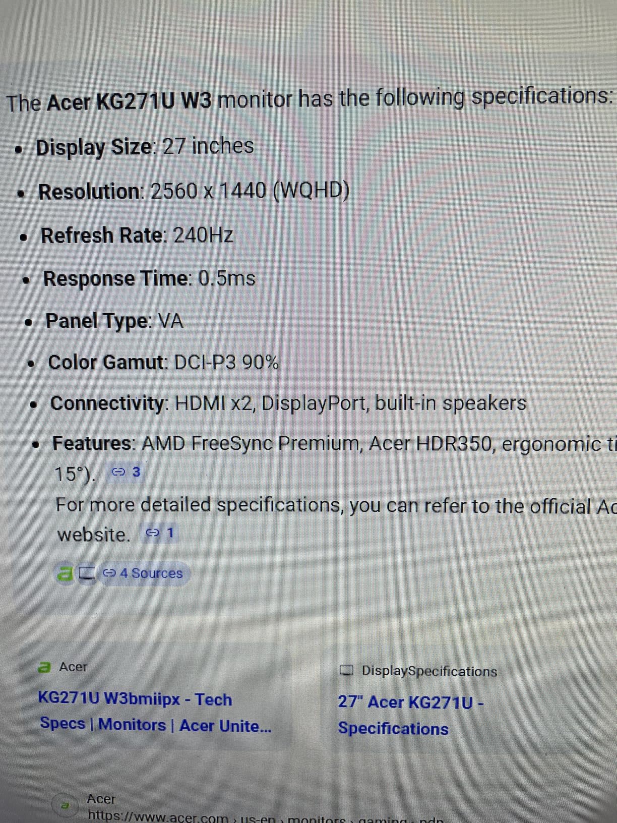 acer Nitro 27 Inch WQHD 2560 x 1440 ZeroFrame Design IPS Gaming Monitor | AMD FreeSync Premium | Up to 240Hz Refresh | Up to 0.5ms | One Display Port 1.2 and Two HDMI 2.0 Ports | KG271U W3bmiipx - Customer Photo 4