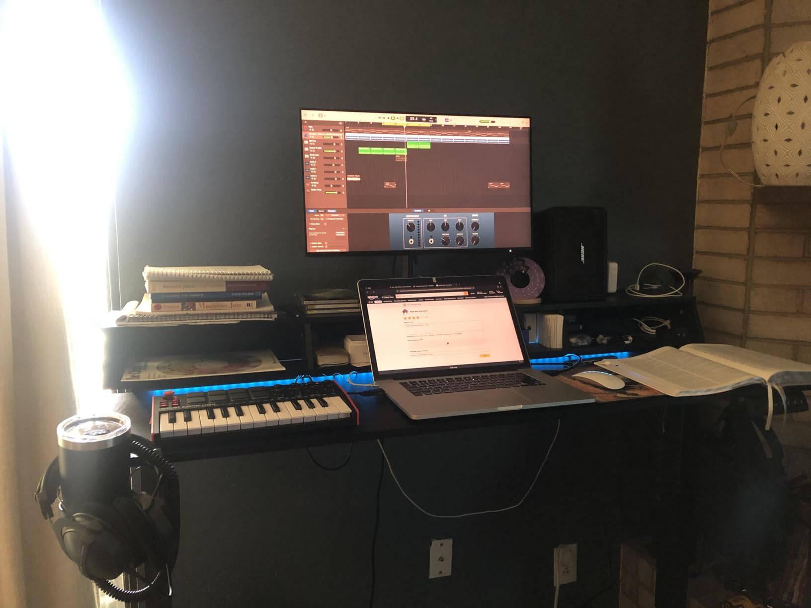 OffiGo Gaming Standing Desk with LED Light, 55 Inch Electric Height Adjustable Table with Power Outlet & Monitor Stand, Sit Stand Computer Workstation for Home, Bedroom, Black - Customer Photo 2