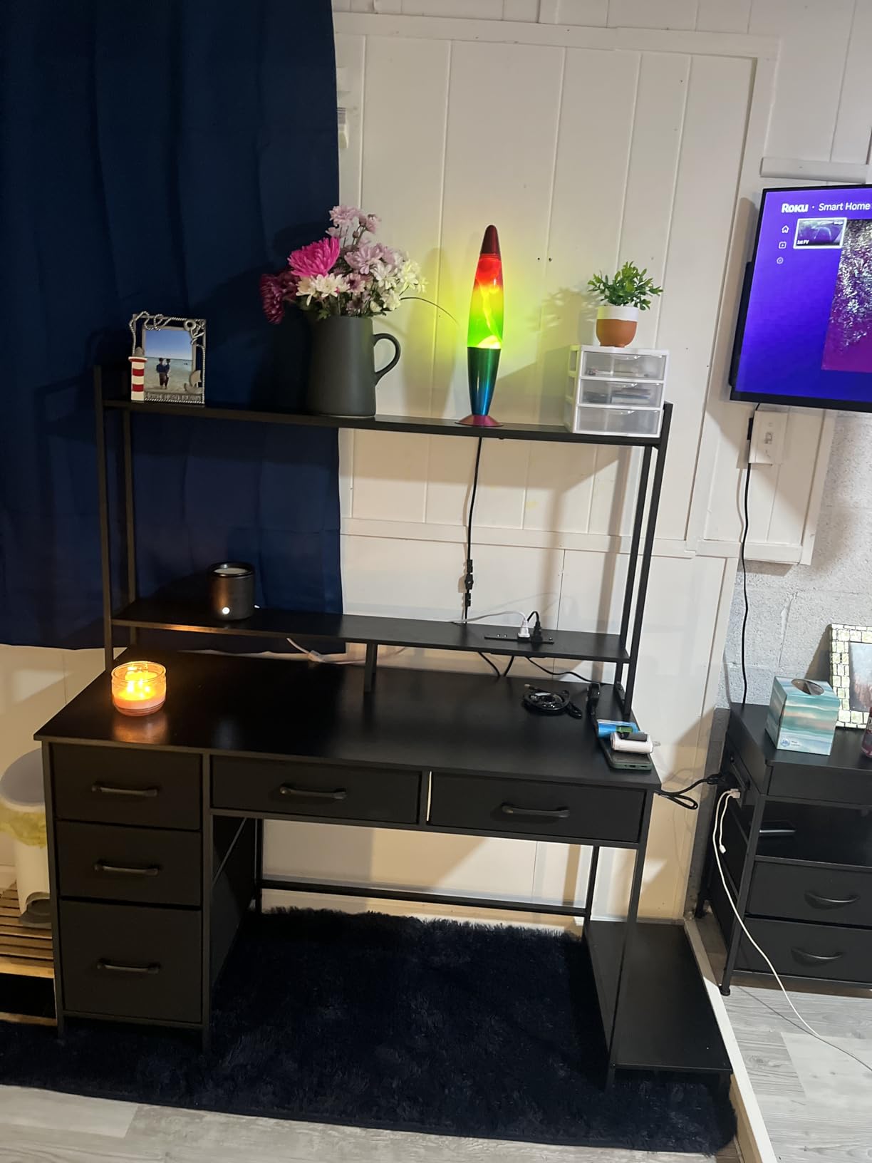 Computer Gaming Desk with Hutch, Home Office Desk with Power Outlets, LED Light, 5 Storage Drawers, 2 Tiers Shelves for Display, 39 Inch Modern Study Writing Table for Bedroom, Black - Customer Photo 1