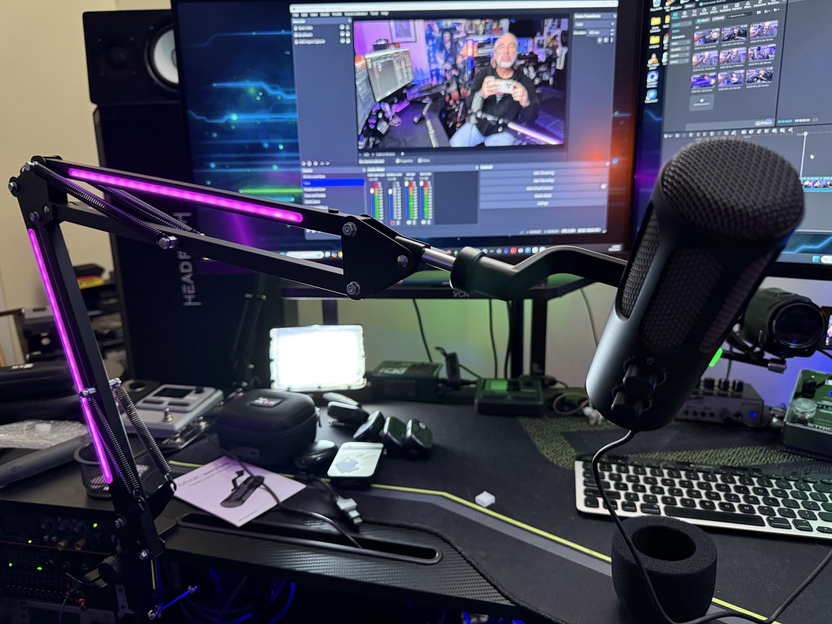 FIFINE Microphone Boom Arm, Metal Adjustable Mic Arm Stand with RGB Control, 3/8