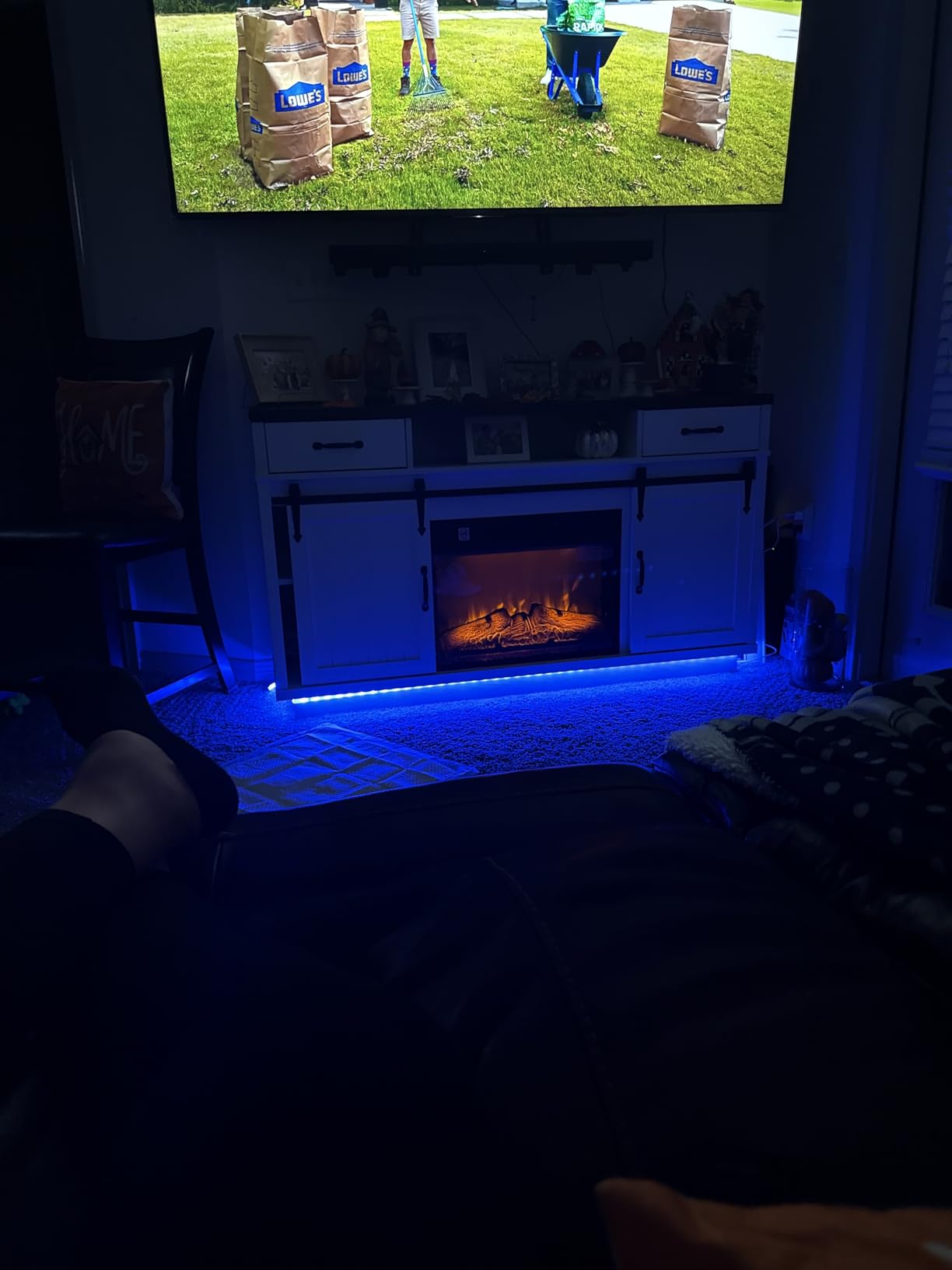 59'' Fireplace TV Stand with 3D Flame Electric Fireplace Heater, 34'' Tall Farmhouse TV Stand for 65 Inch TV, Entertainment Center TV Console with 2 Drawers, Sliding Barn Door for Living Room - White Customer Review 59'' Fireplace TV Stand with 3D Flame Electric Fireplace Heater, 34'' Tall Farmhouse TV Stand for 65 Inch TV, Entertainment Center TV Console with 2 Drawers, Sliding Barn Door for Living Room - White - Customer Photo 2