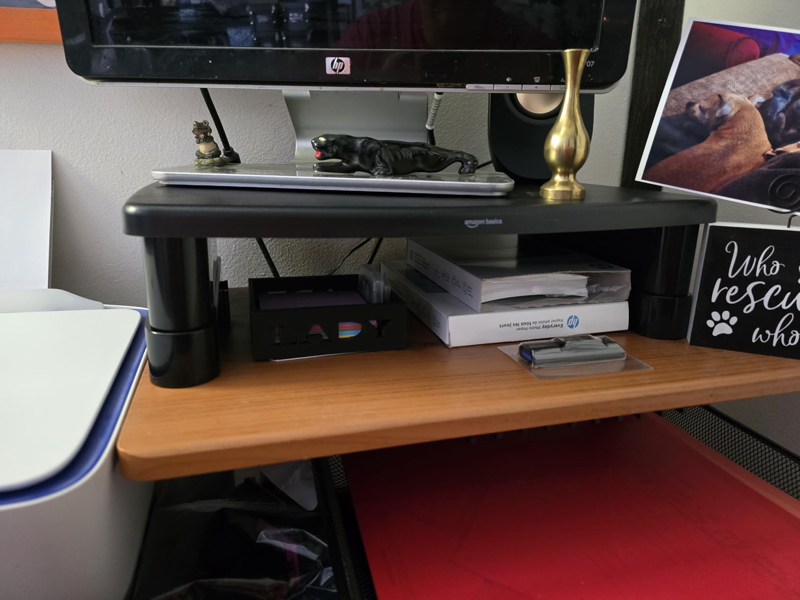 Amazon Basics Height Adjustable Rectangular Computer Monitor Riser Desk Stand with Storage for Reduced Neck Strain - Fits Monitors, Laptops Up to 22lbs, Black - Customer Photo 2