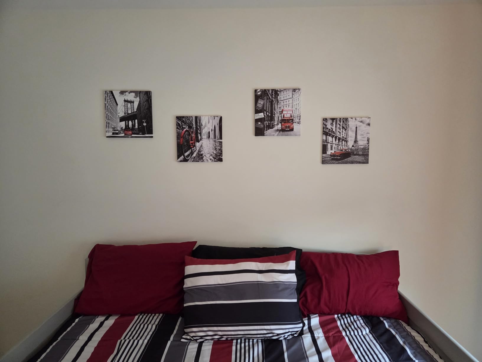 Black and White Wall Art for Bedroom Red Wall Decor Paris Bathroom Pictures City Landscape Canvas Poster with Eiffel Tower Brooklyn Bridge London for Living Room Office Home Decorations 12×12