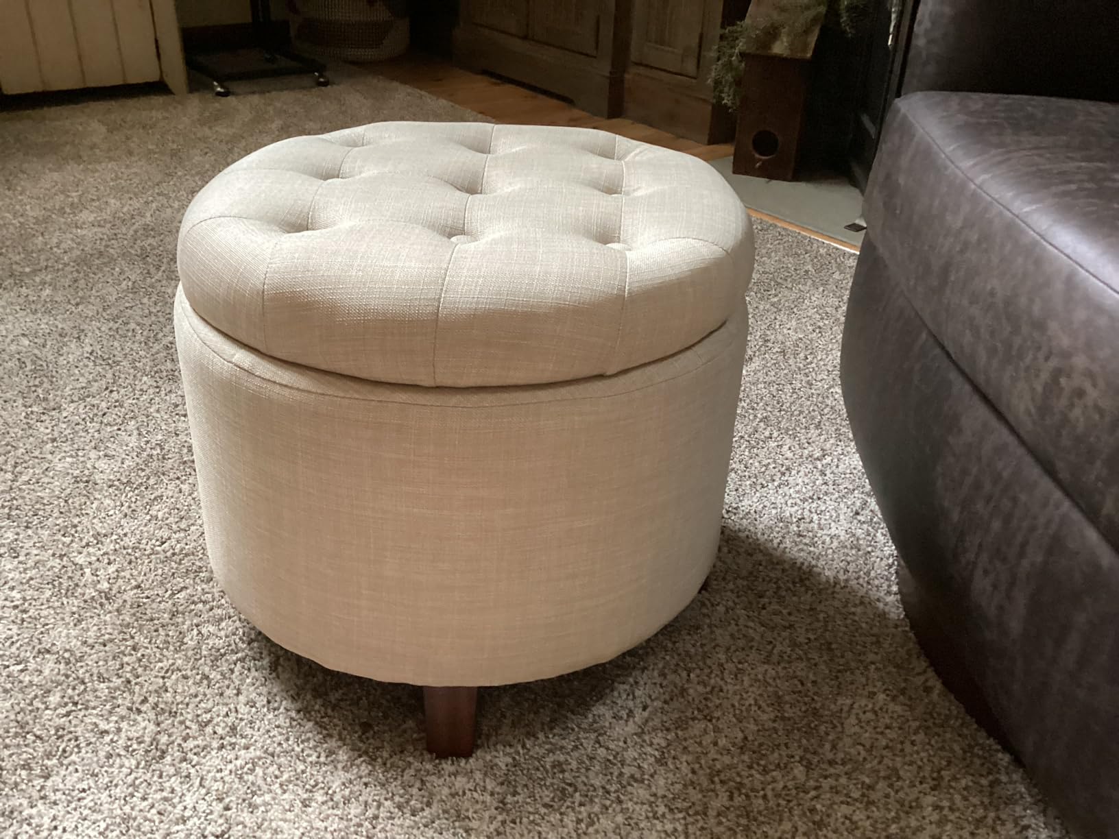 Amazon Basics Round Linen Ottoman with Storage, Tufted Upholstered Footstool for Living Room and Bedroom, 20
