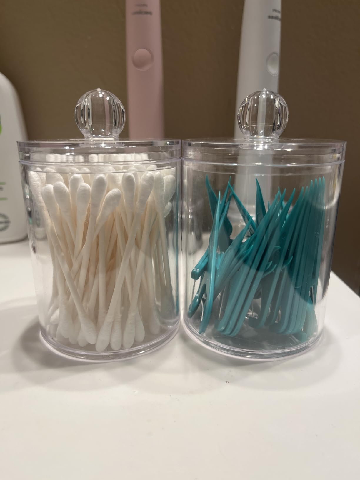 4 Pack Acrylic Qtip Holder Dispenser for Cotton Swabs, Balls, Pads, Floss Picks- Small Clear Plastic Canister Apothecary Jar Set, Bathroom Essentials Accessories Decor, Vanity Makeup Storage Organizer - Customer Photo 2