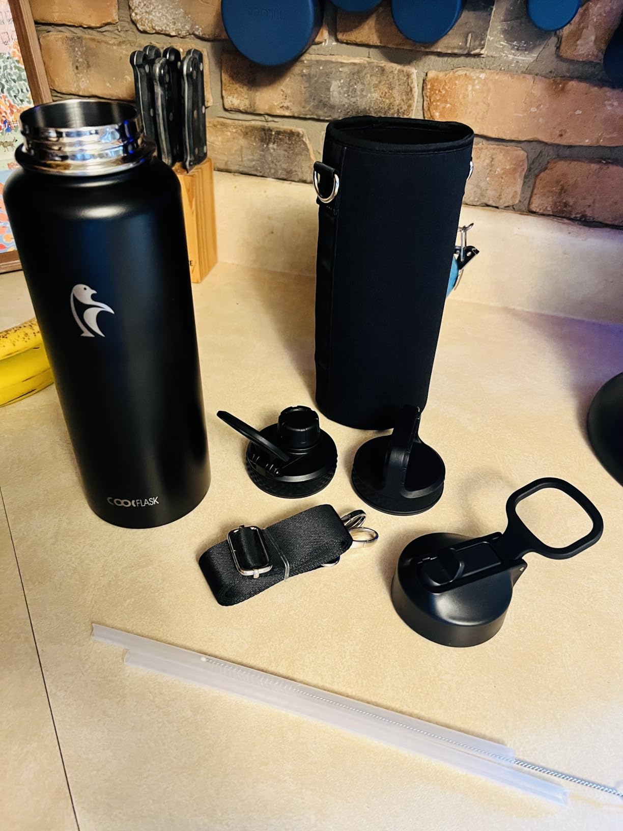 64 oz Water Bottle Insulated with Straw & 3 Lids, Coolflask Large Metal Stainless Steel Water Jug Big Half Gallon Wide Mouth for Sports, Gym or Office, Non-BPA Keep Cold 48H Hot 24H, Magic Black - Customer Photo 2