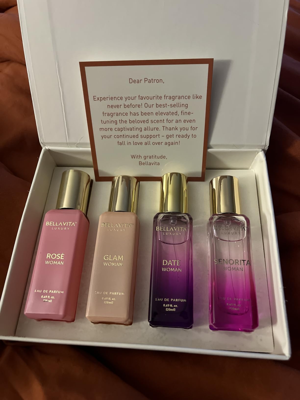 BellaVita Luxury Women's Perfume Gift Set (4x20ml) | Notes of Floral, Sweet, Spicey Red Fruit, Vanilla & Musk | DATE, SENORITA, GLAM & ROSE | French Parfum Collection Gift Set - Customer Photo 1