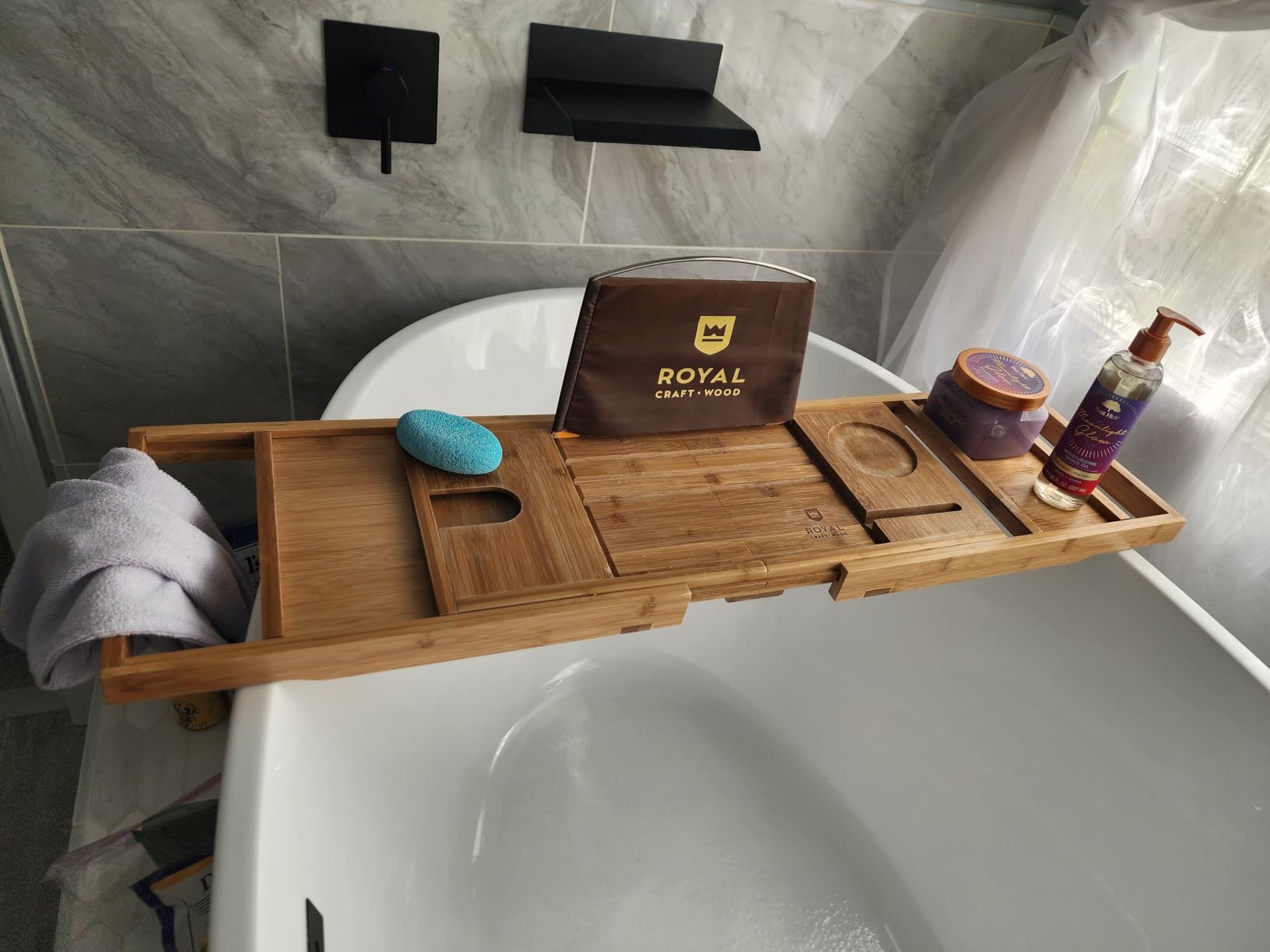 Non-Foldable Bathtub Tray Caddy for Tub, Bamboo Bath Shelf, Premium Wood Bath Table, Expandable Bathtub & Bathroom Accessories, New Home Gifts for Mom, Housewarming, Anniversary - Customer Photo 3